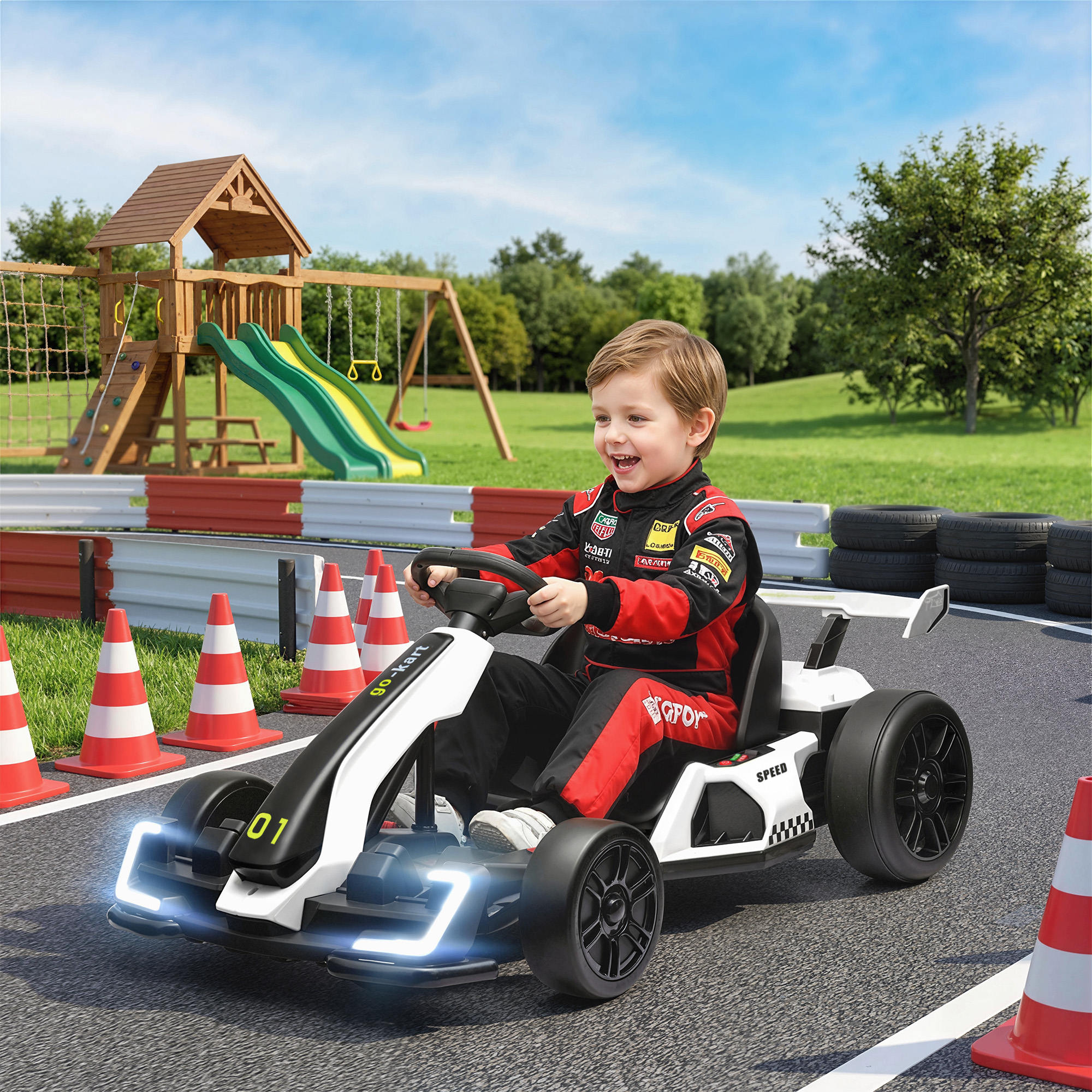 Go-kart électrique 24V, 7,5 mi/h, siège ajustable, blanc