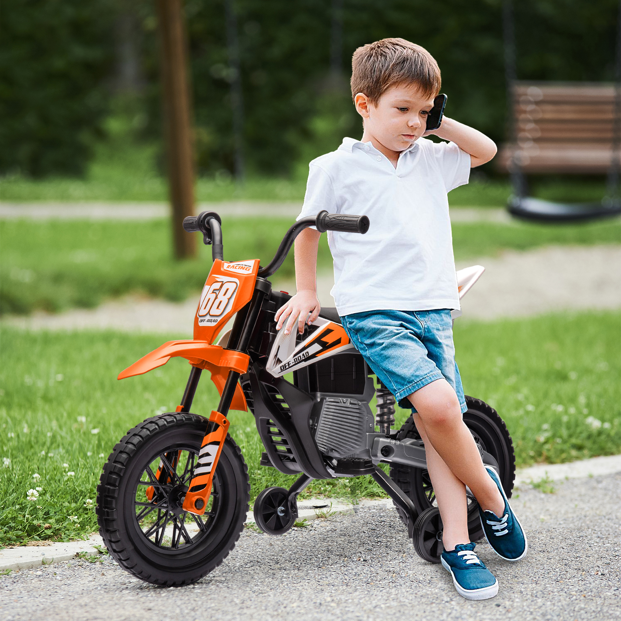 Moto électrique 12V enfants poignée torsion, roues d'apprentissage