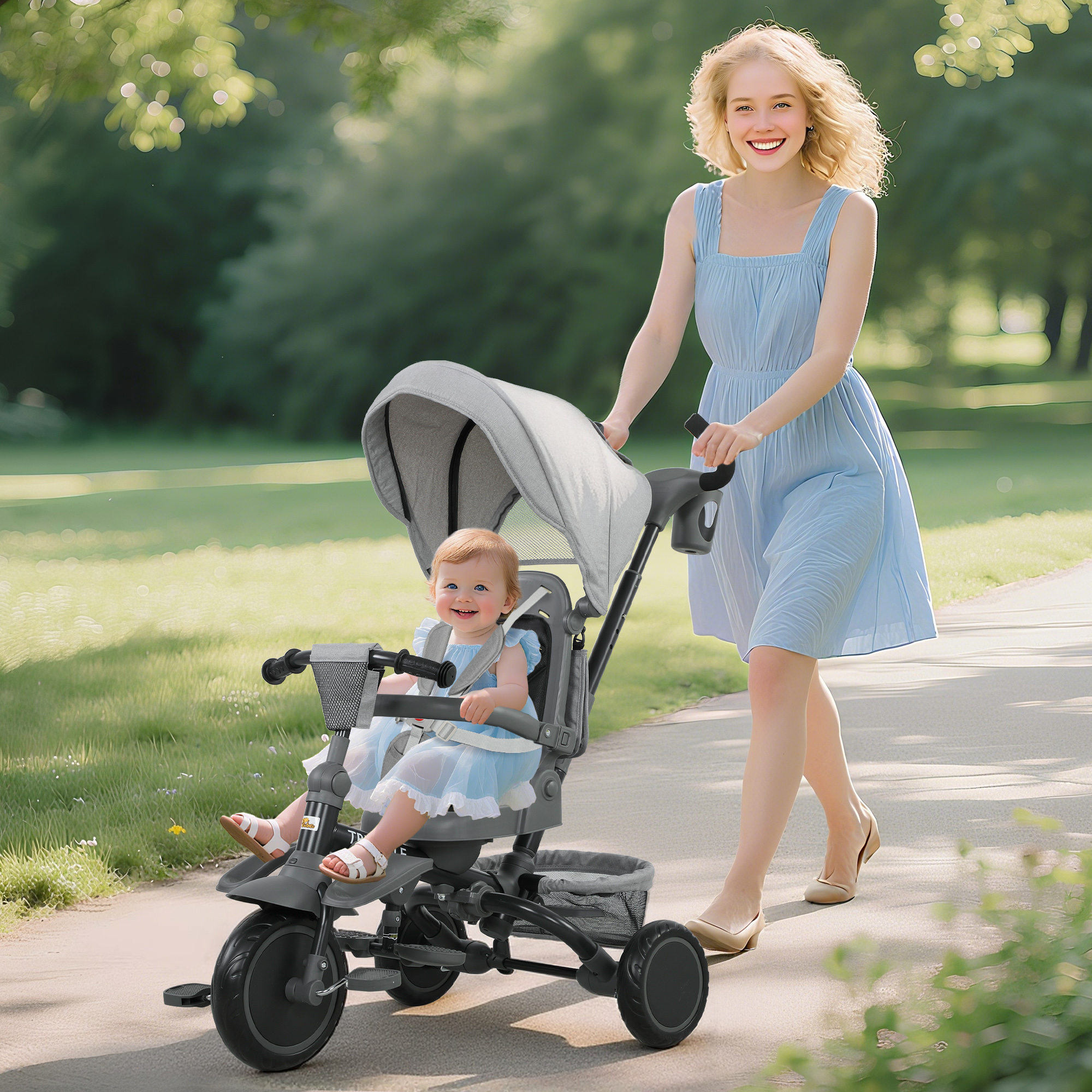 Tricycle enfants 6 en 1, poignée ajustable, siège réversible gris