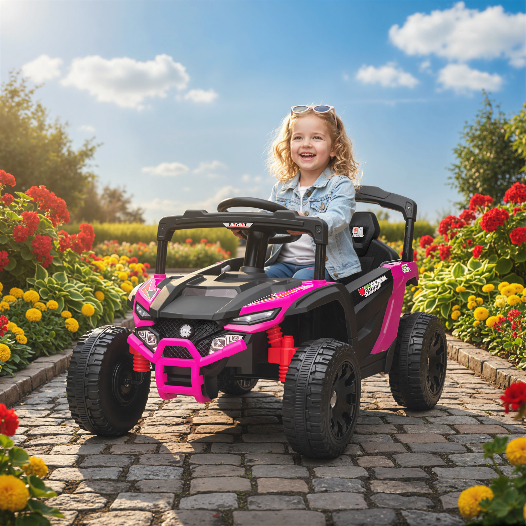 Camion électrique enfants 12V, suspension, télécommande, 3-5 ans, rose