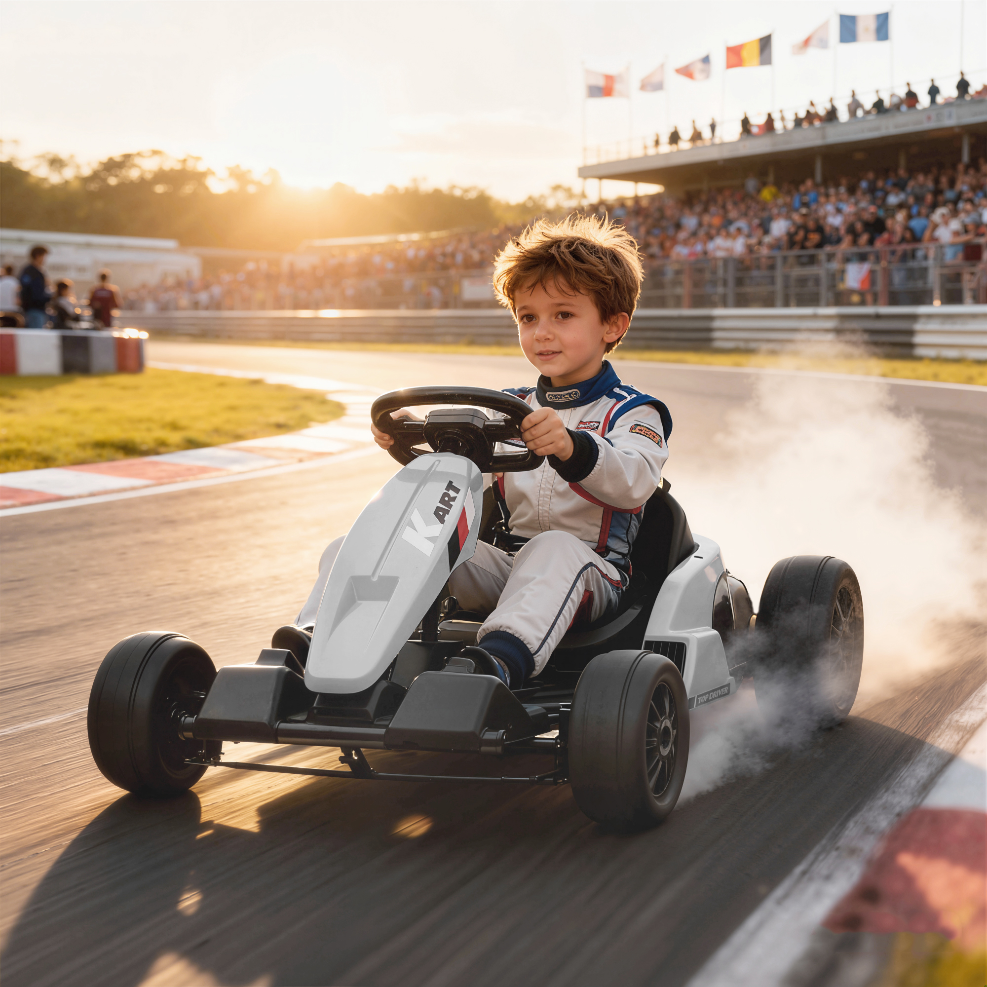 Go-kart électrique 24V, moteurs 150W, 11,2 mi/h, harnais blanc