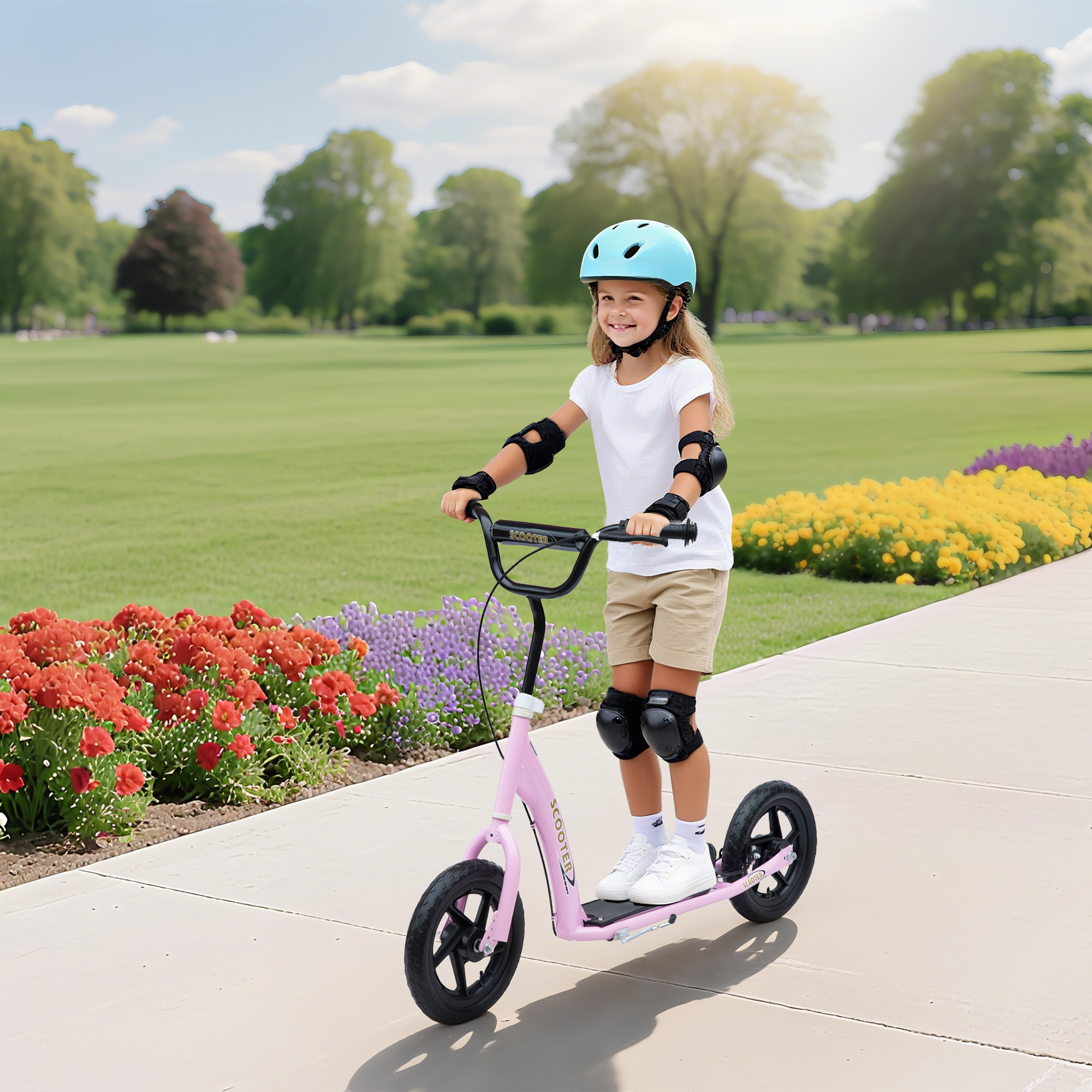 Trottinette enfants 5-12 ans, guidon ajustable, freins, roues, rose