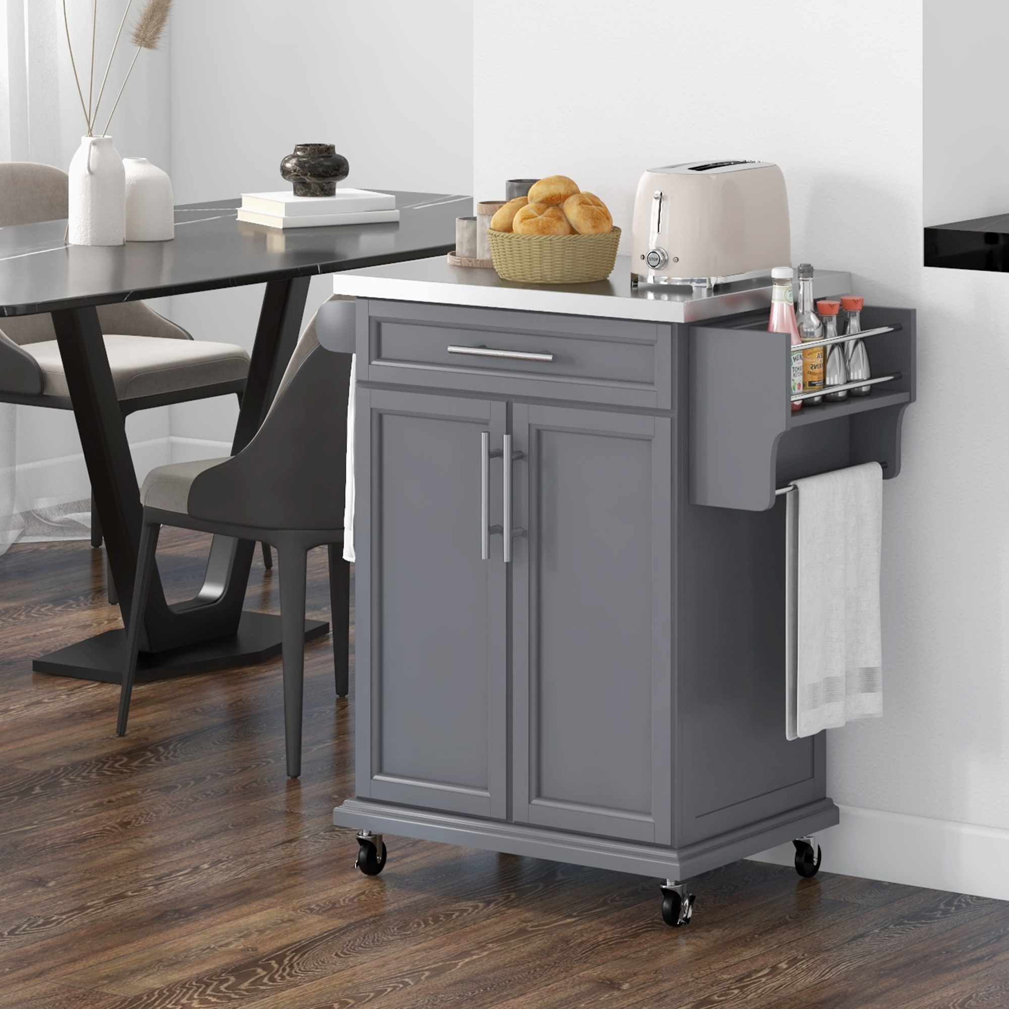 Îlot de cuisine roulant, comptoir acier inox, rangements, gris
