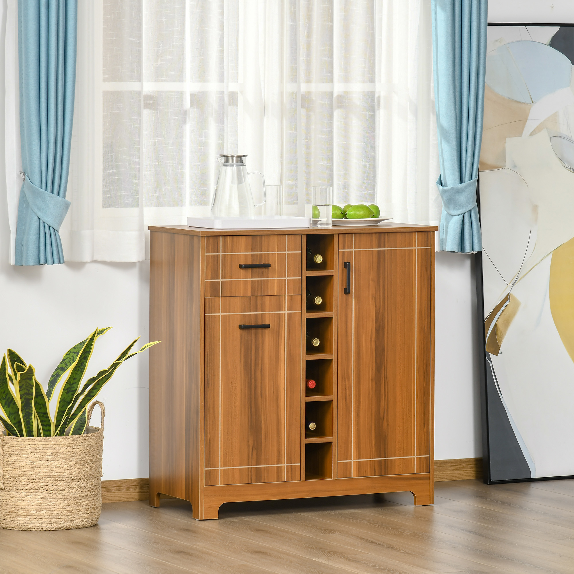 Armoire vin 6 bouteilles rétro, rangement verres, 1 tiroir, brun