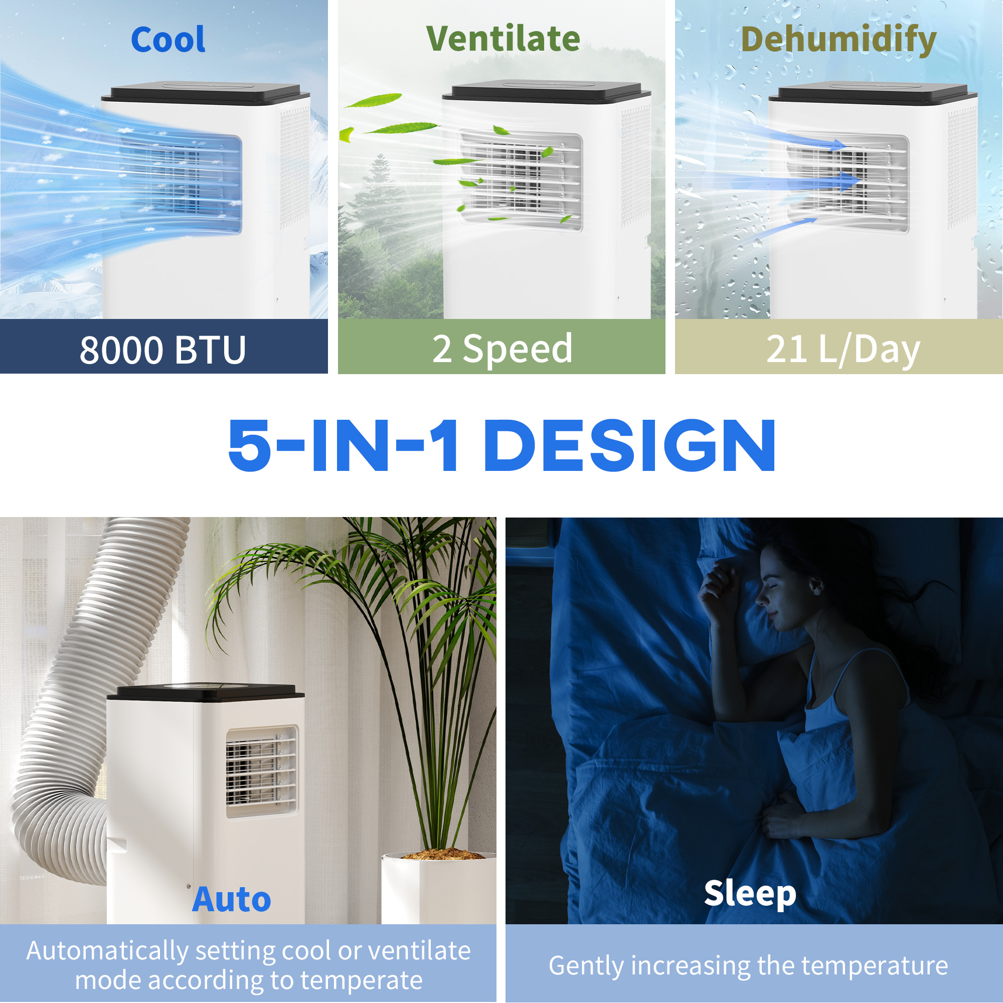 Climatiseur mobile 10 000 BTU, déshumidificateur, minuterie 24h, blanc