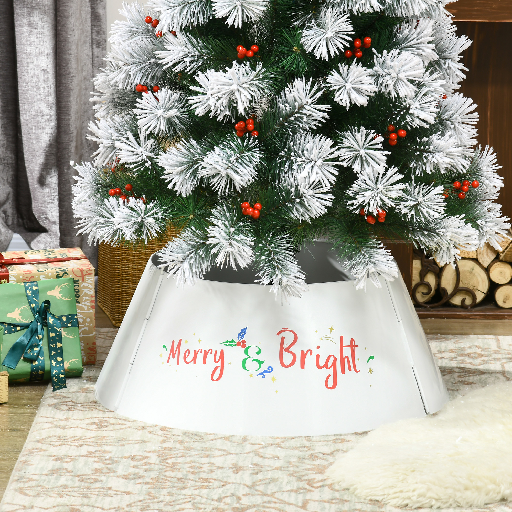 Cache pied sapin Noël acier anneau blanc crème 26x26x11 po