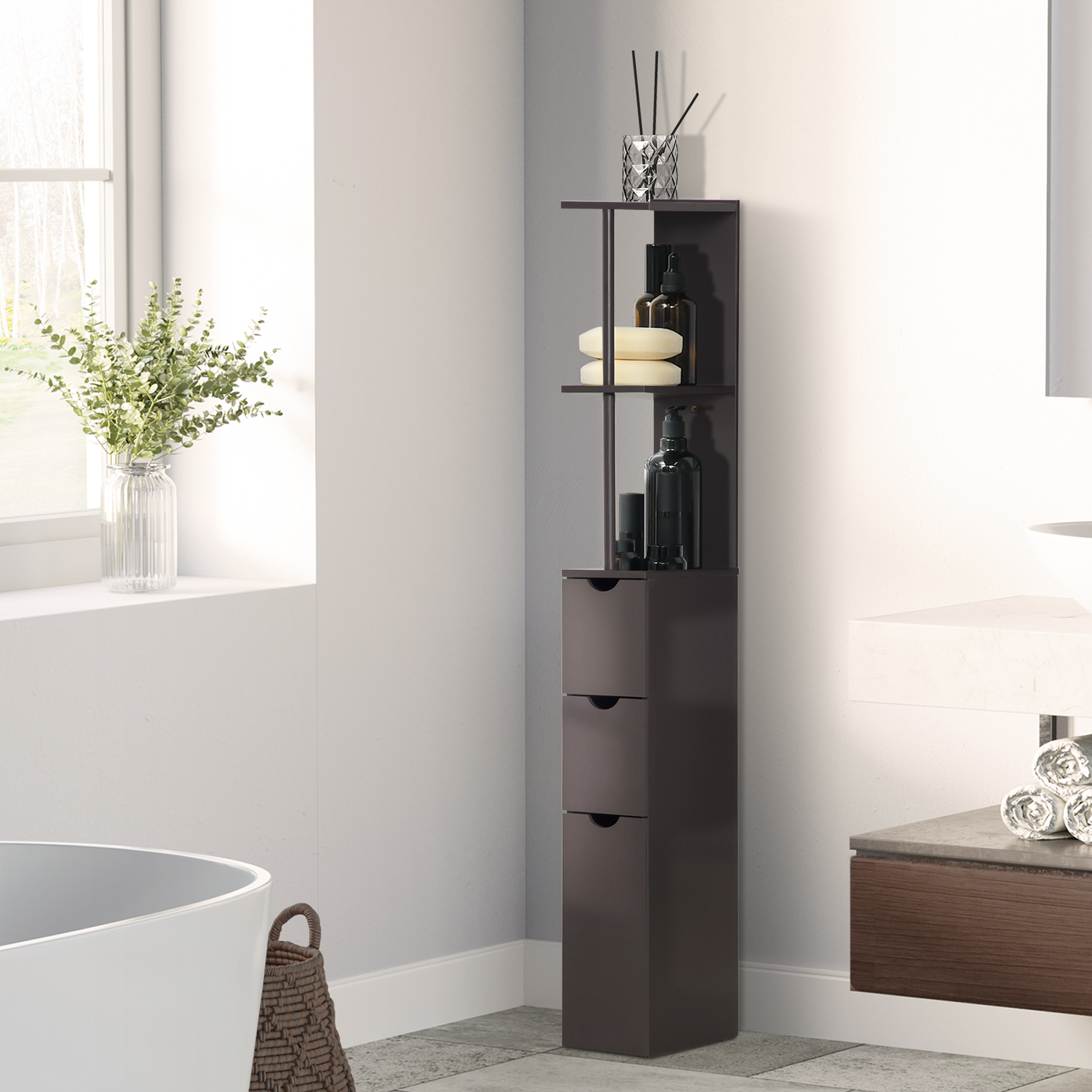 Armoire rangement salle bain 54", tour lin 2 tablettes tiroirs, brun