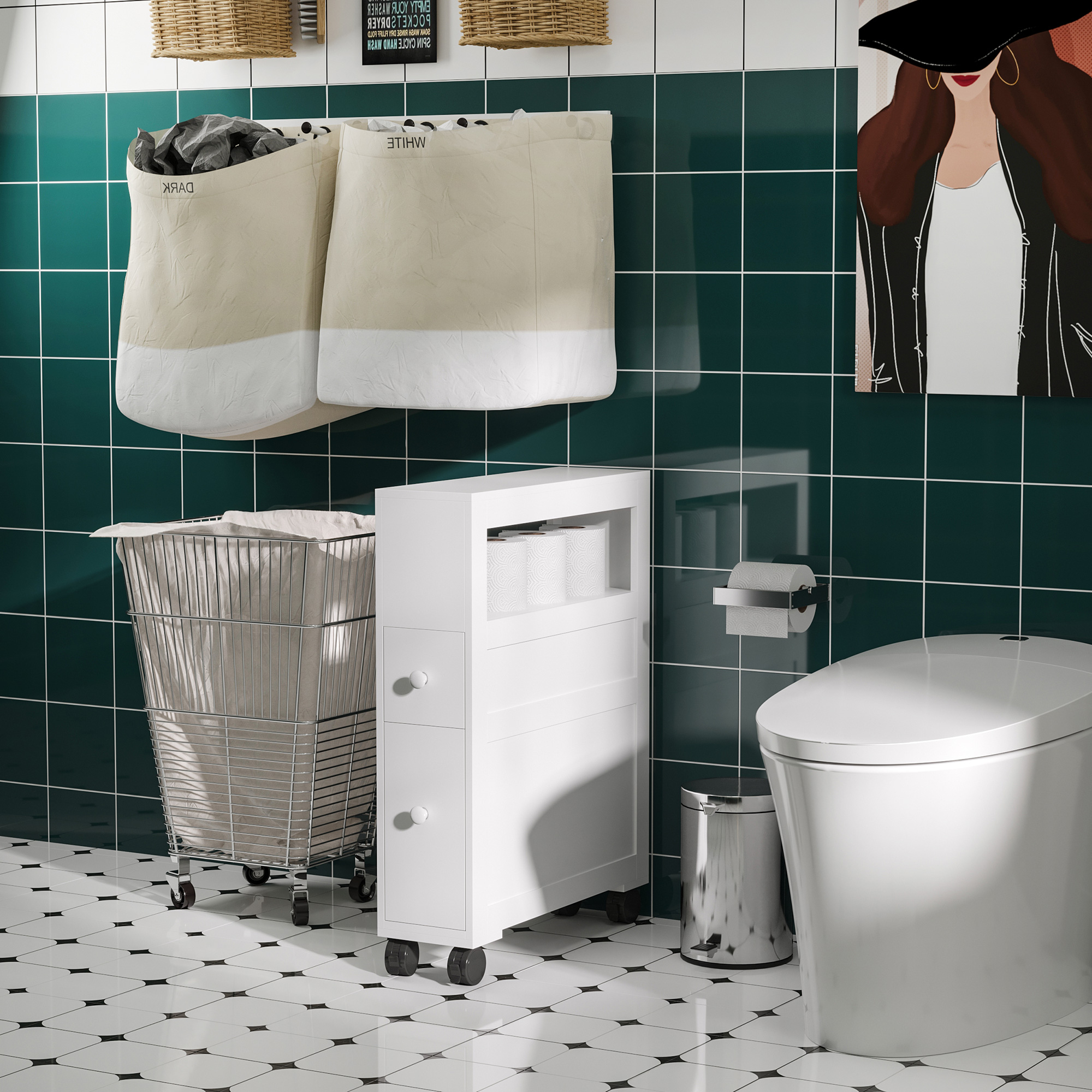 Meuble rangement salle bain bois roulettes, blanc, 28,25"H