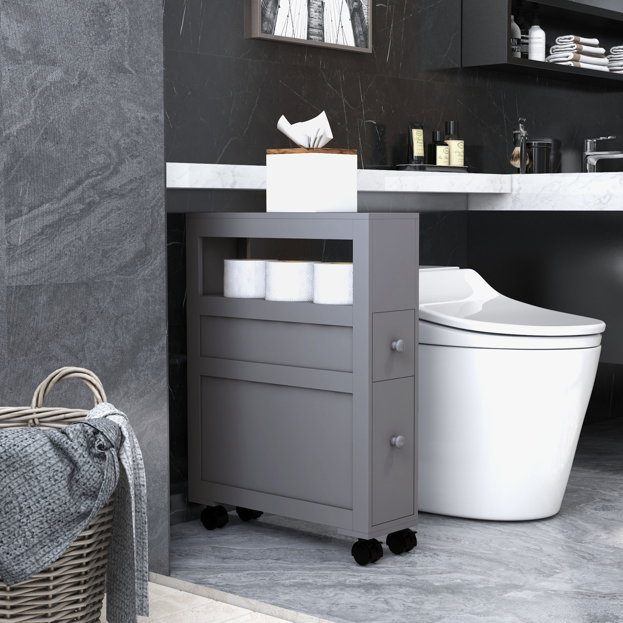 Meuble rangement salle bain étroit, porte papier, gris