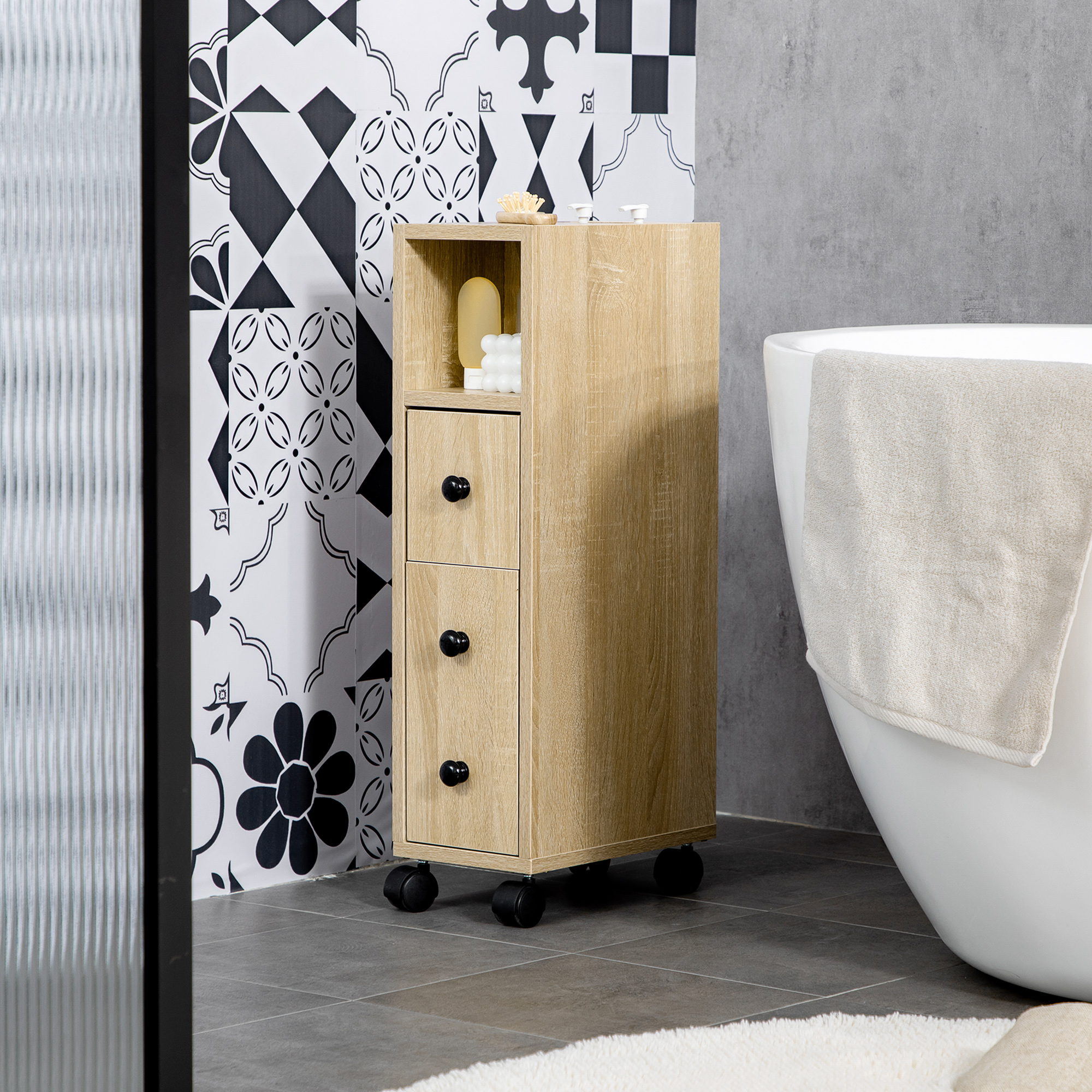 Armoire salle de bain compacte 2 portes 1 tiroir 4 roulettes