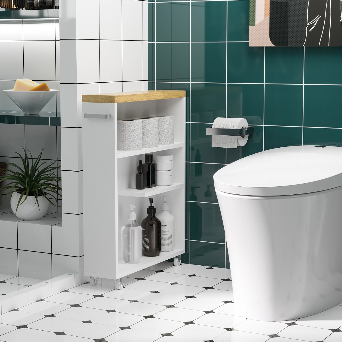 Armoire salle bain roulettes blanc bois