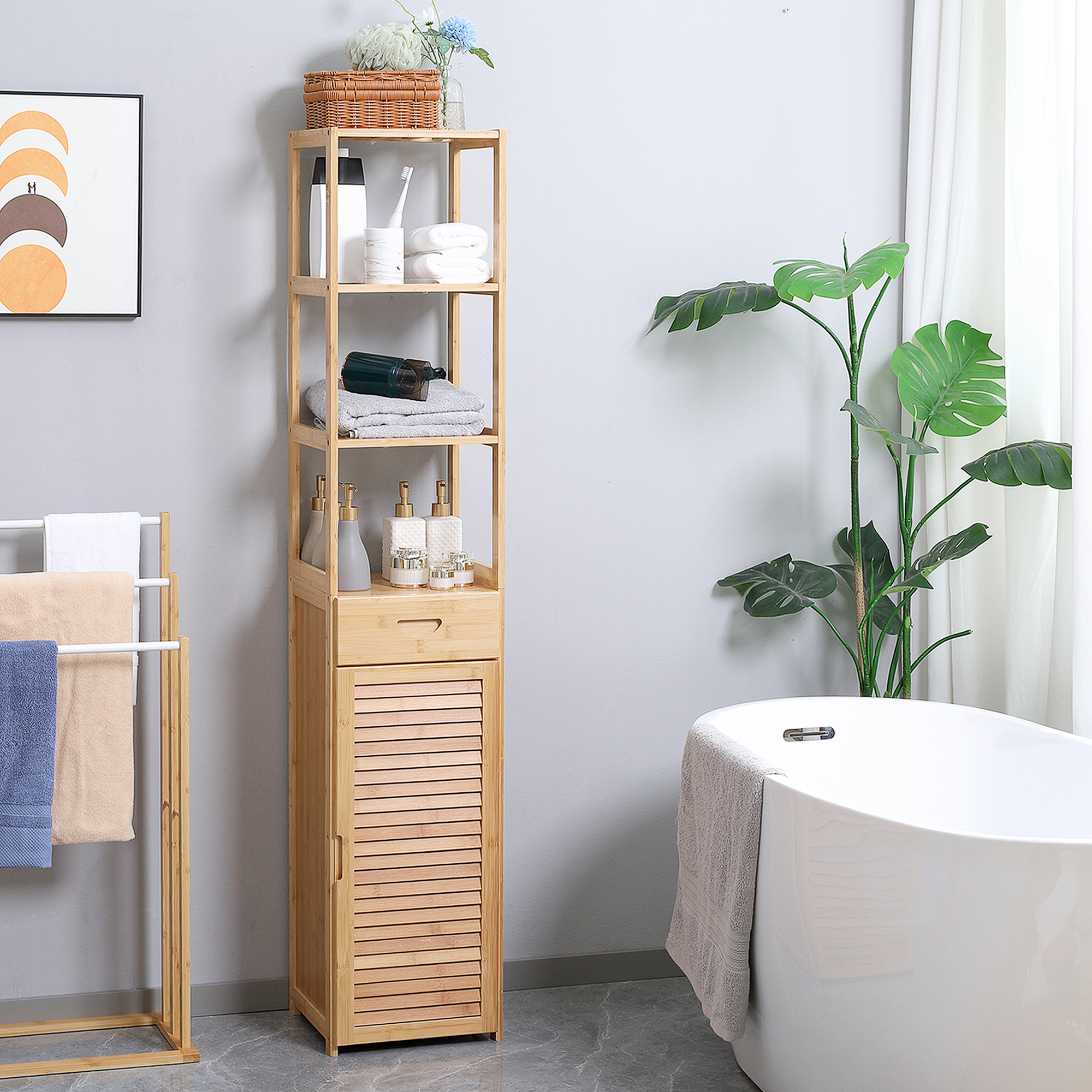 Armoire rangement salle bain tiroir étagères ajourées