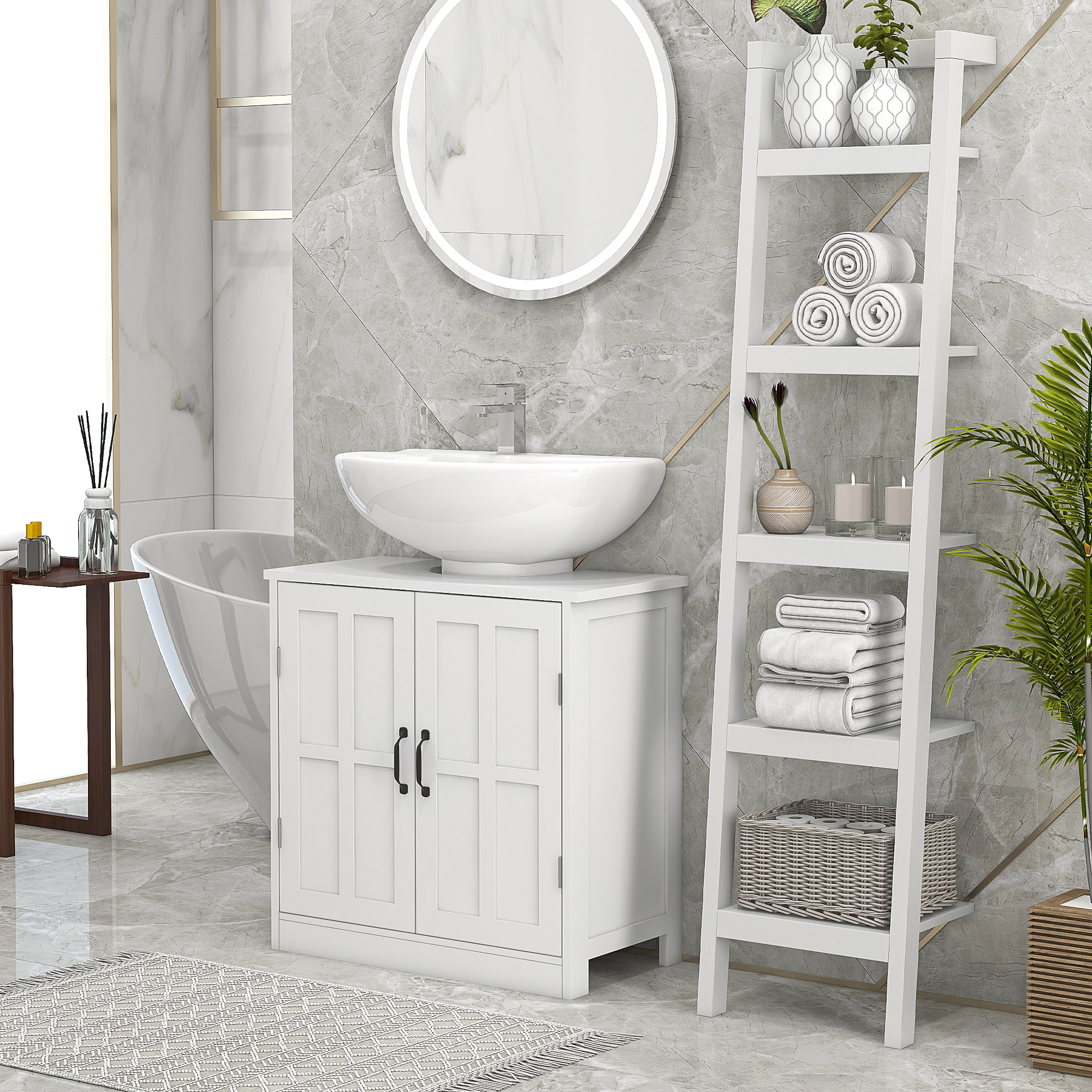 Meuble sous lavabo salle bain blanc, 2 portes, tablette ajust