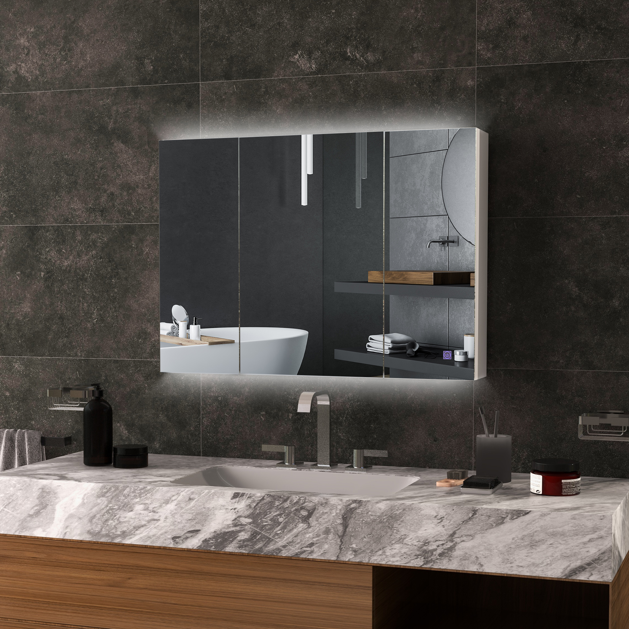 Armoire miroir salle de bain avec éclairage, 35,5"L x 25,5"H, blanc