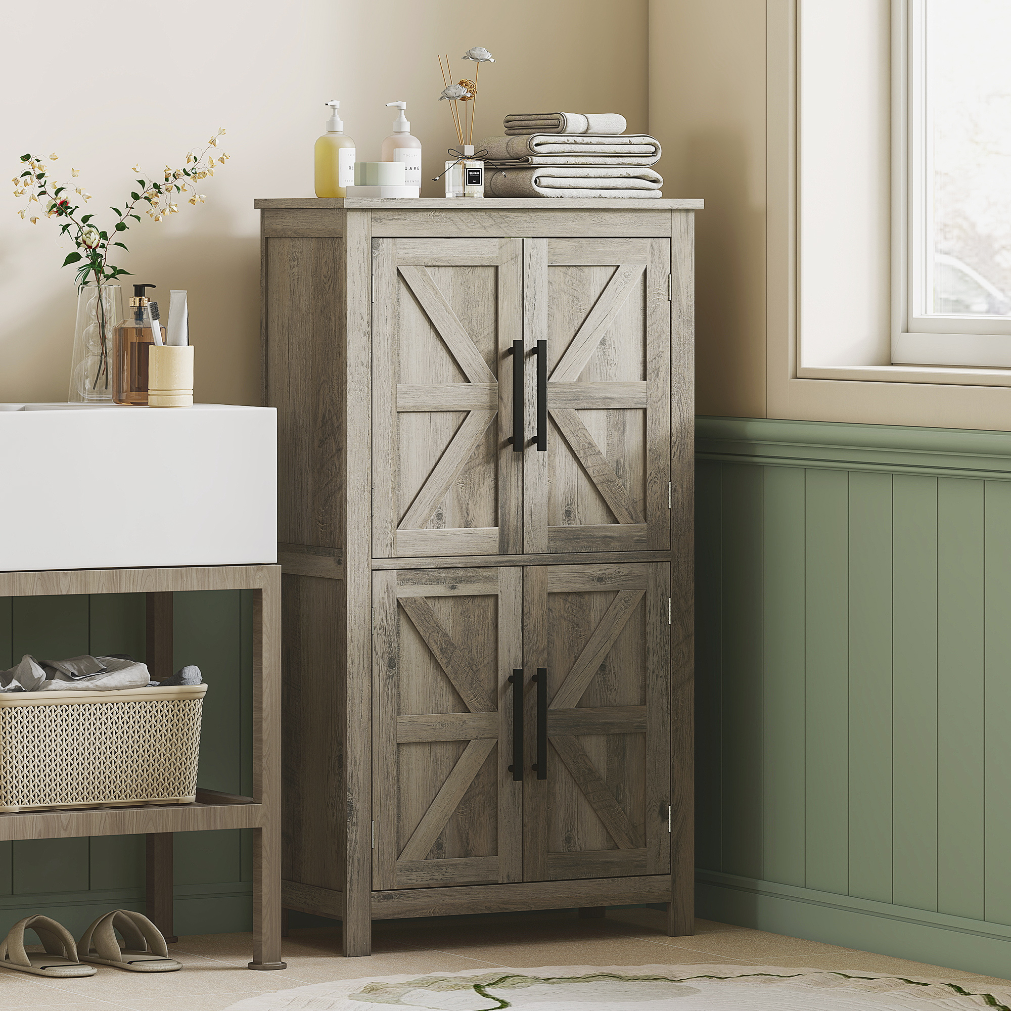 Meuble rangement salle bain gris ferme 4 portes tablette