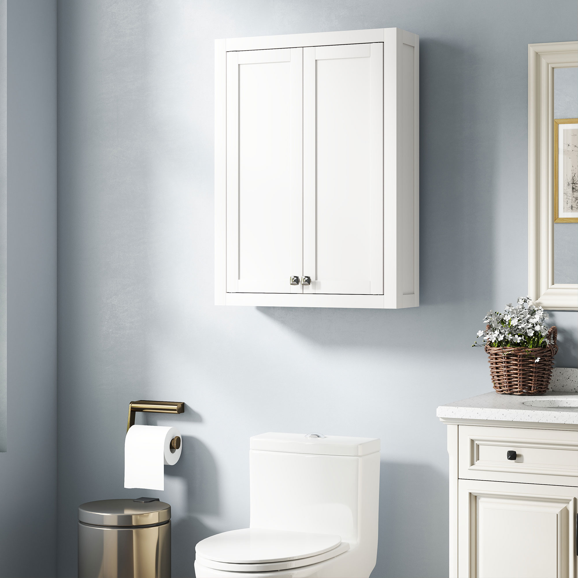 Armoire murale salle bain, 2 portes, 2 tablettes, blanc