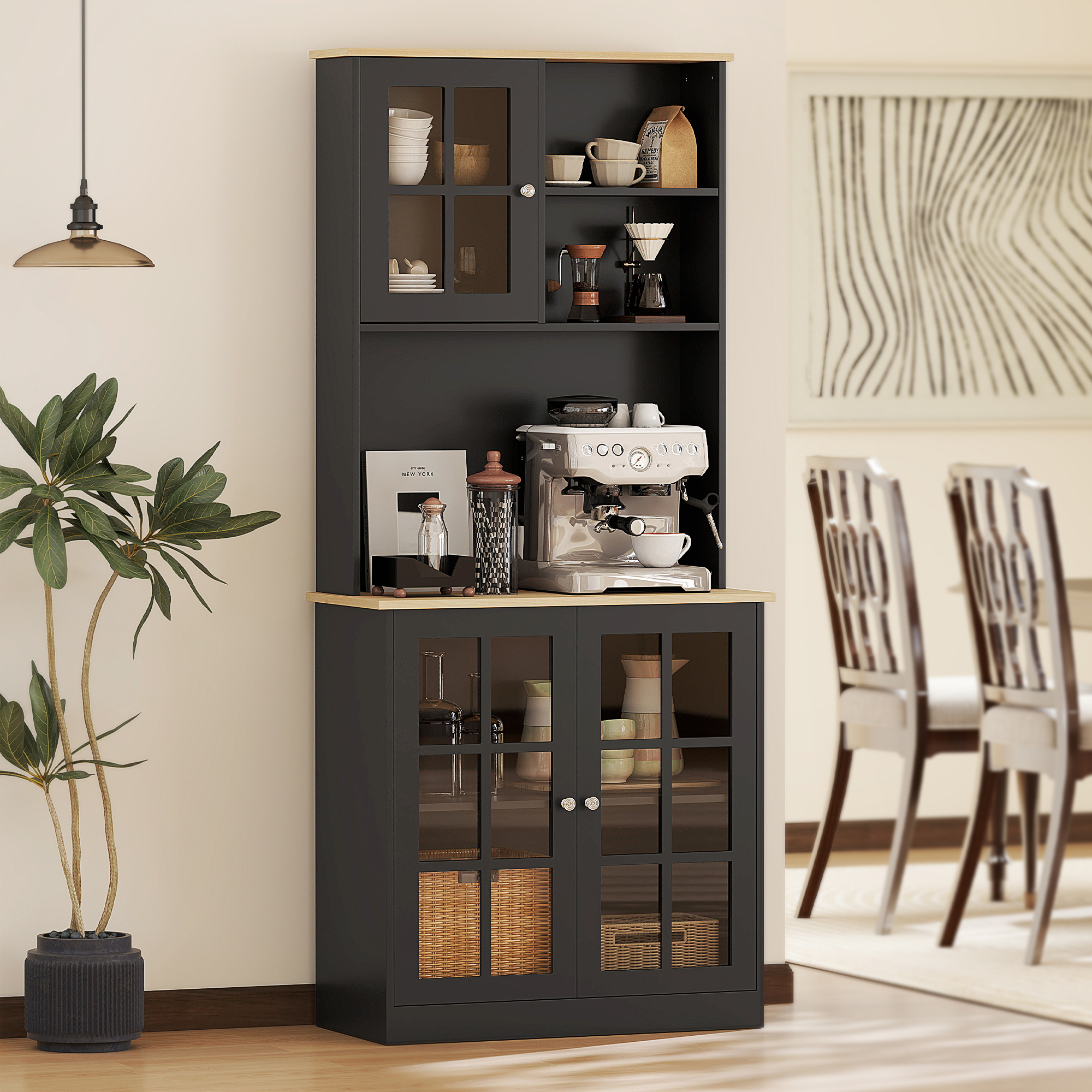 Armoire cuisine 72 po, portes verre, noir