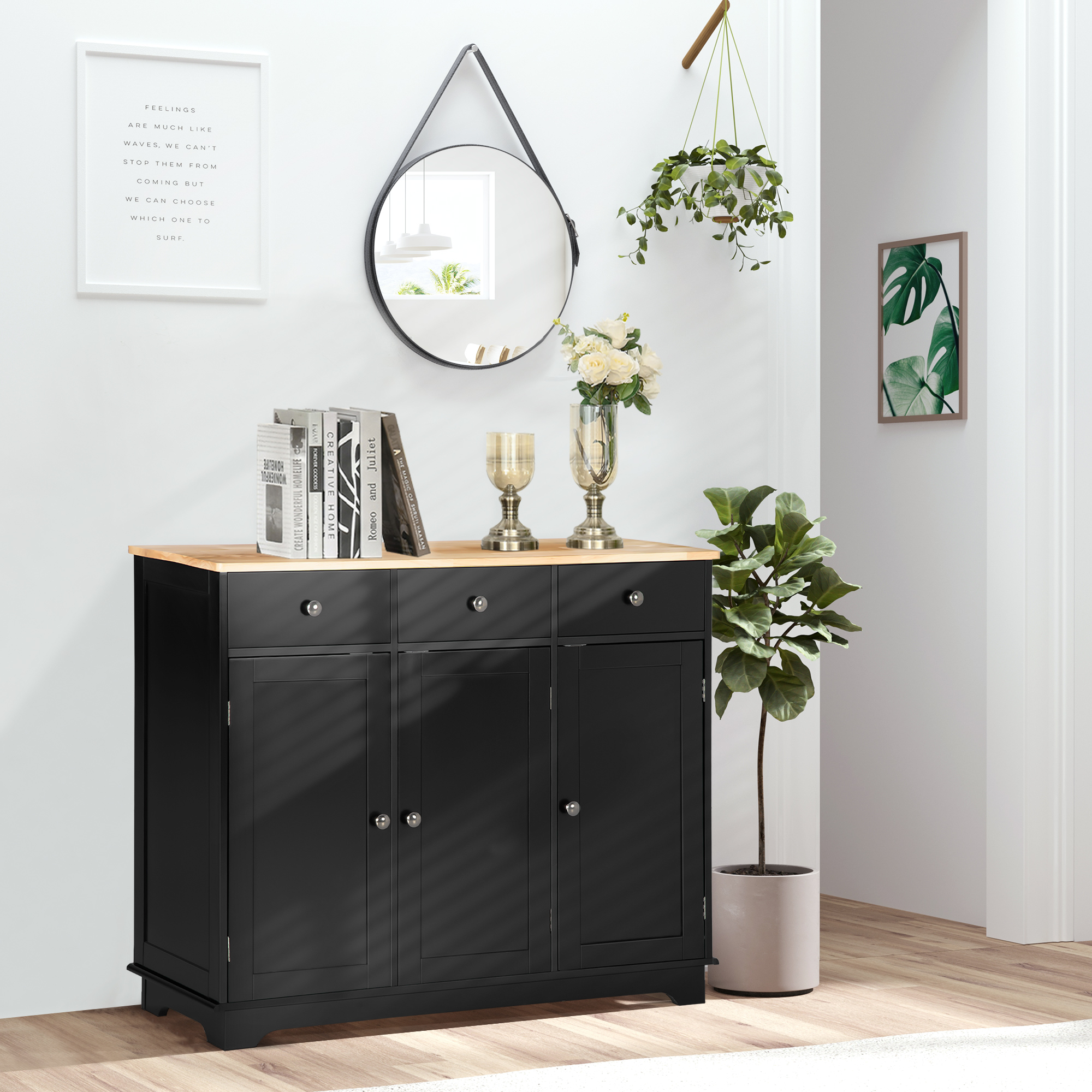 Armoire cuisine bois massif 3 tiroirs tablette ajustable noir
