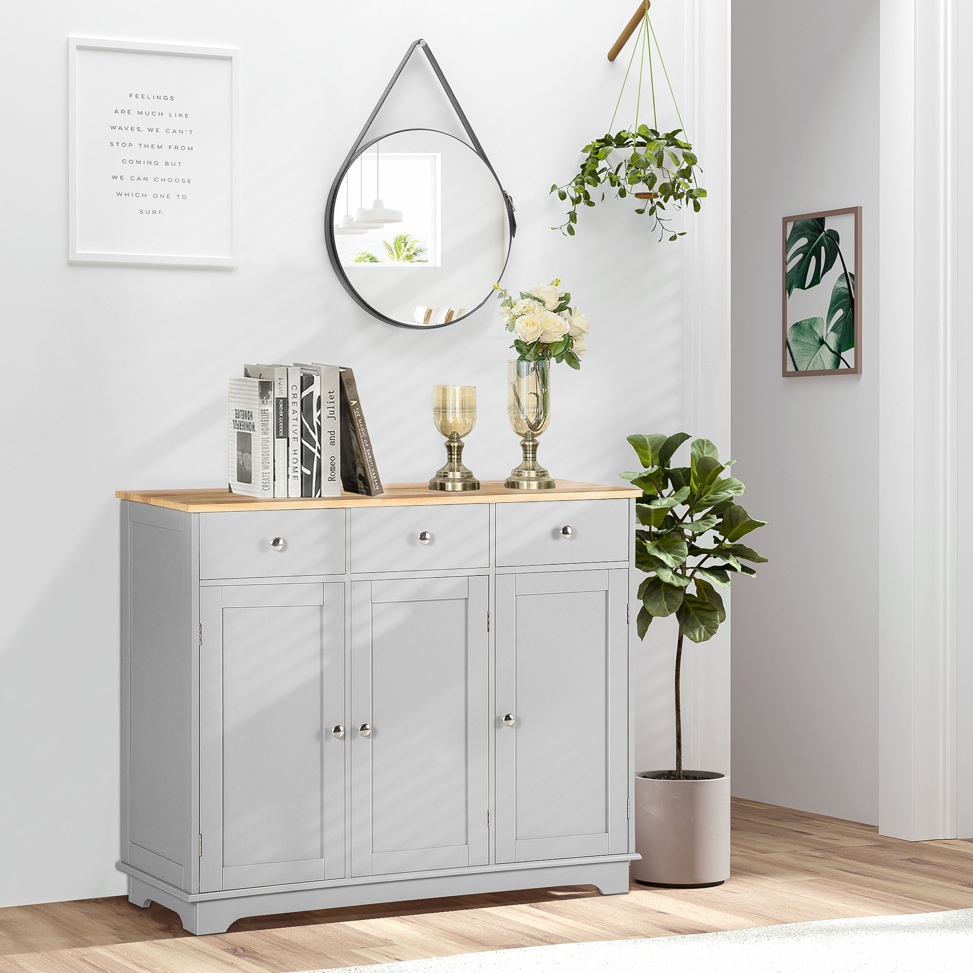 Armoire cuisine bois massif, 3 tiroirs, étagère ajustable, gris