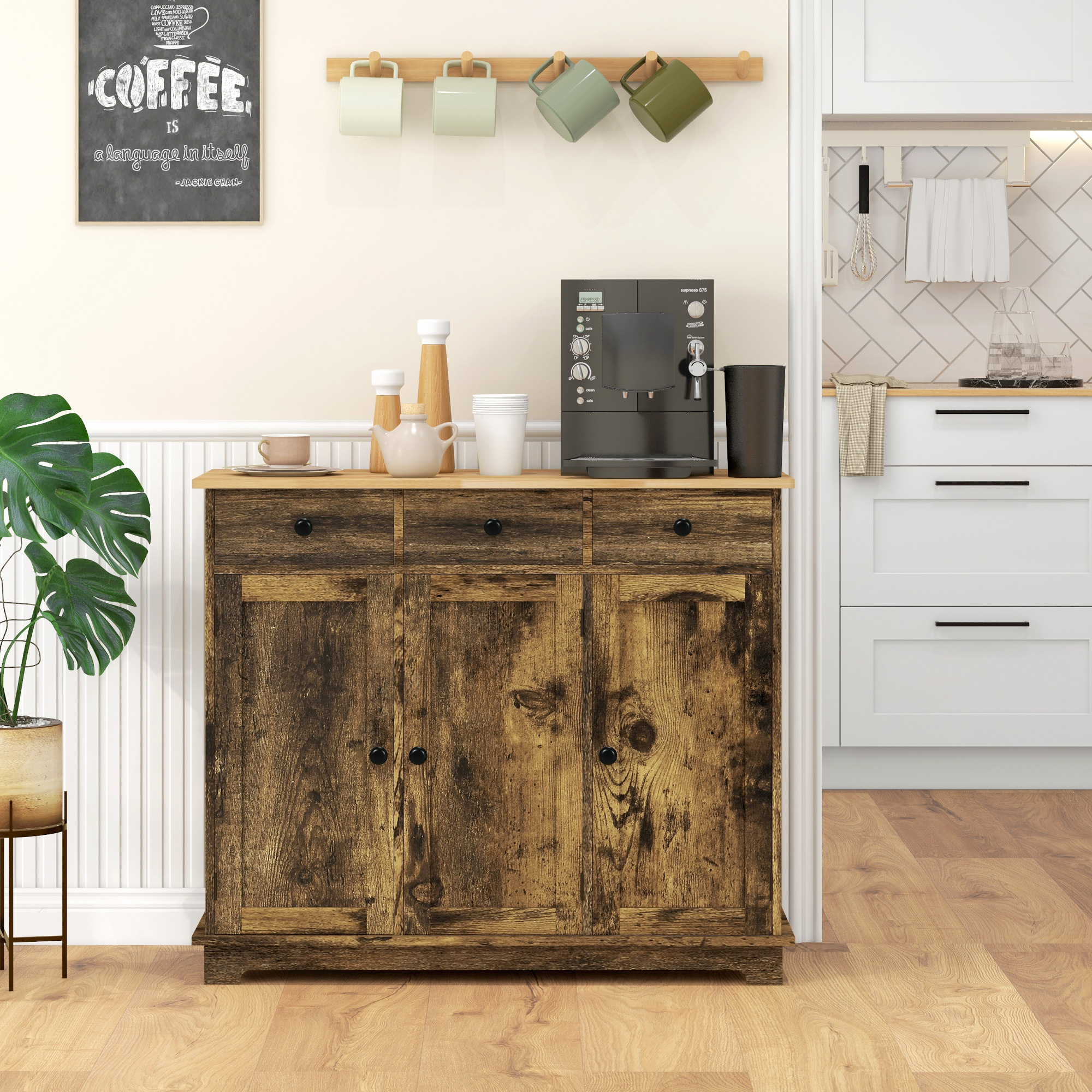 Armoire cuisine bois massif 3 tiroirs marron