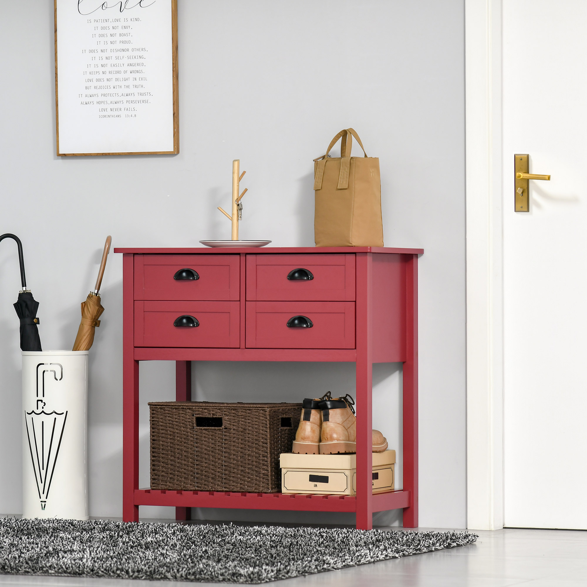 Buffet-bahut rangement moderne, 4 tiroirs, tablette inférieure, rouge