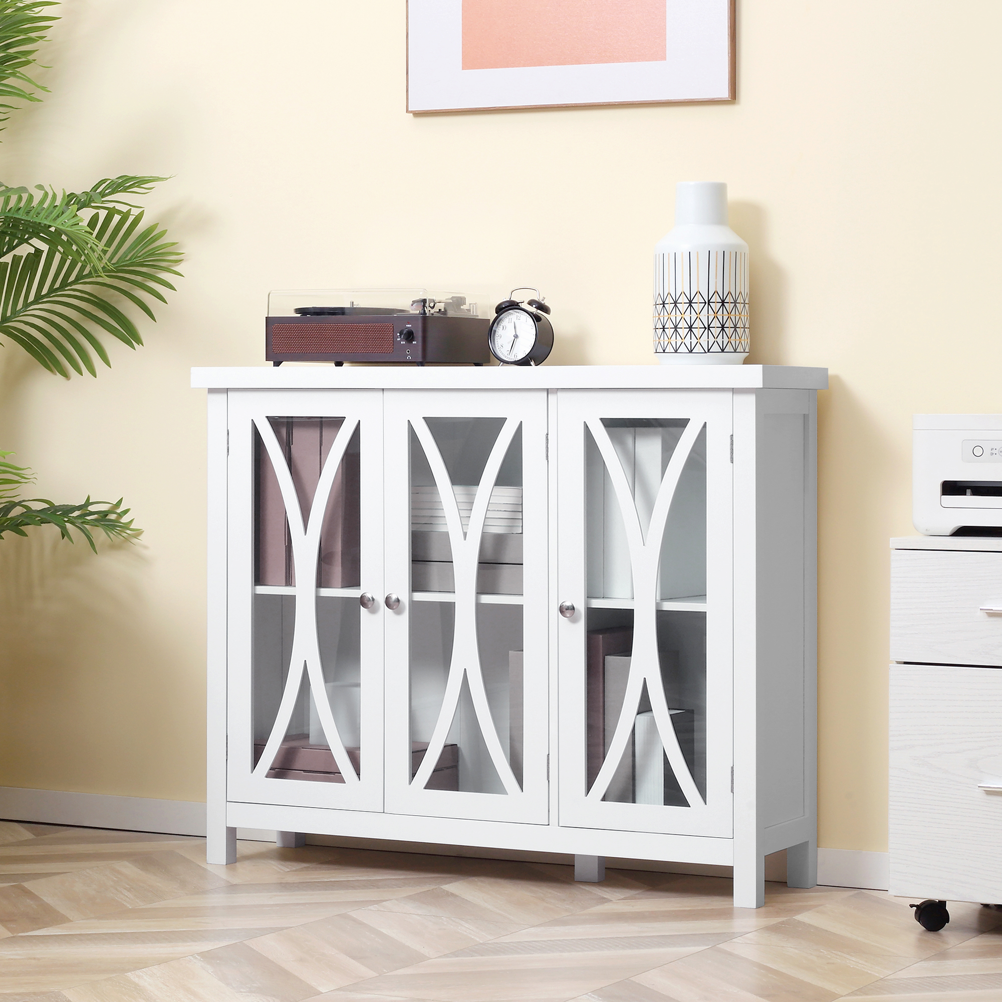 Buffet 3 portes verre, tablettes ajustables, blanc