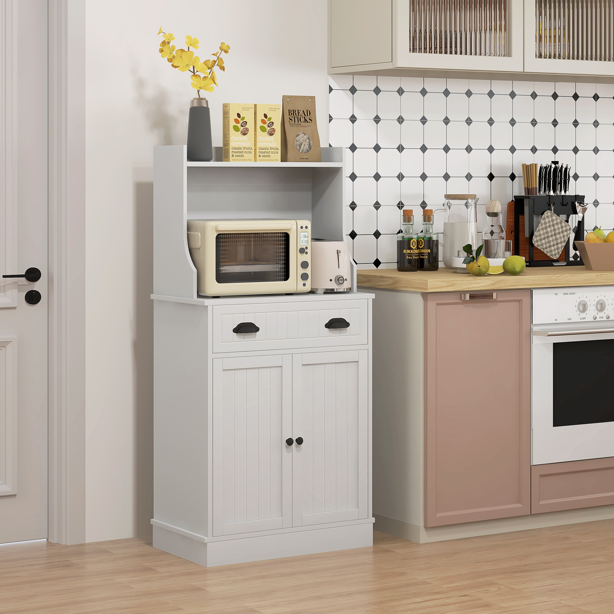 Cabinet microondes tiroir, étagère ajustable, blanc, buffet