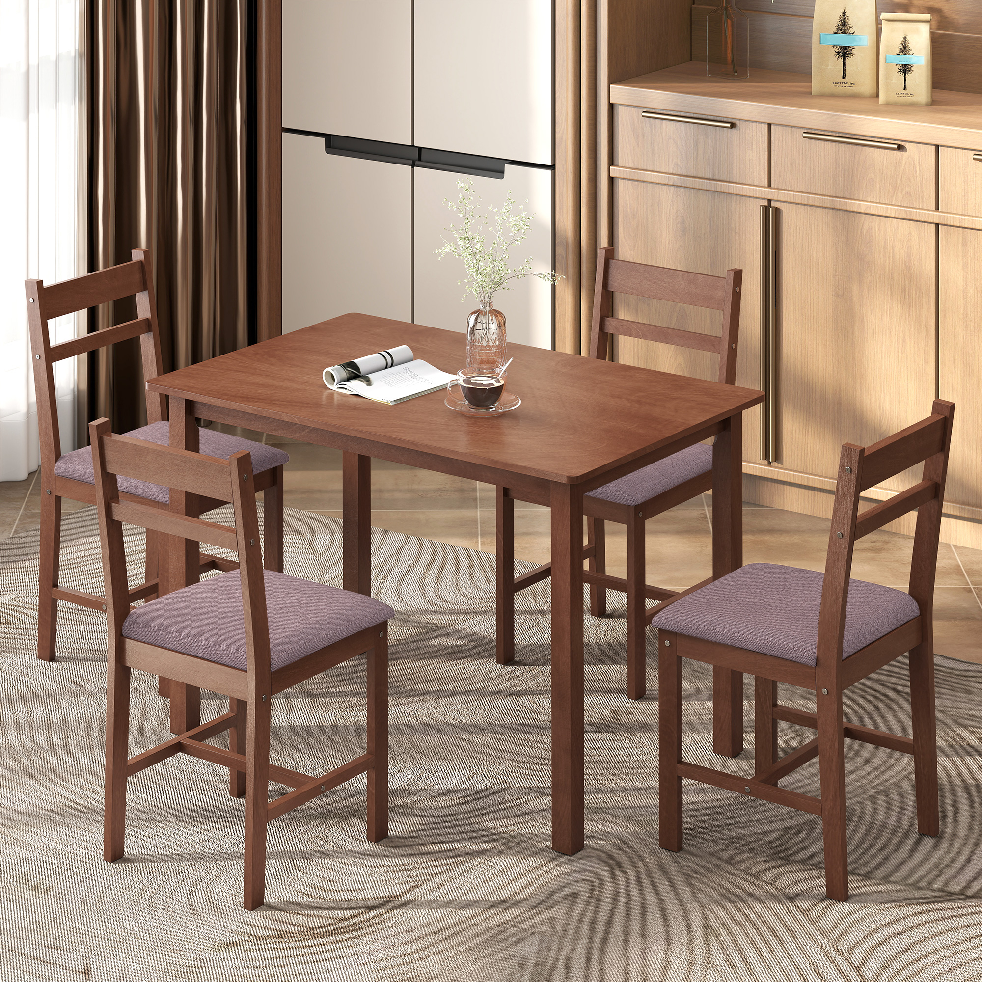 Ensemble table salle à manger 5 pcs, chaises rembourées brun clair