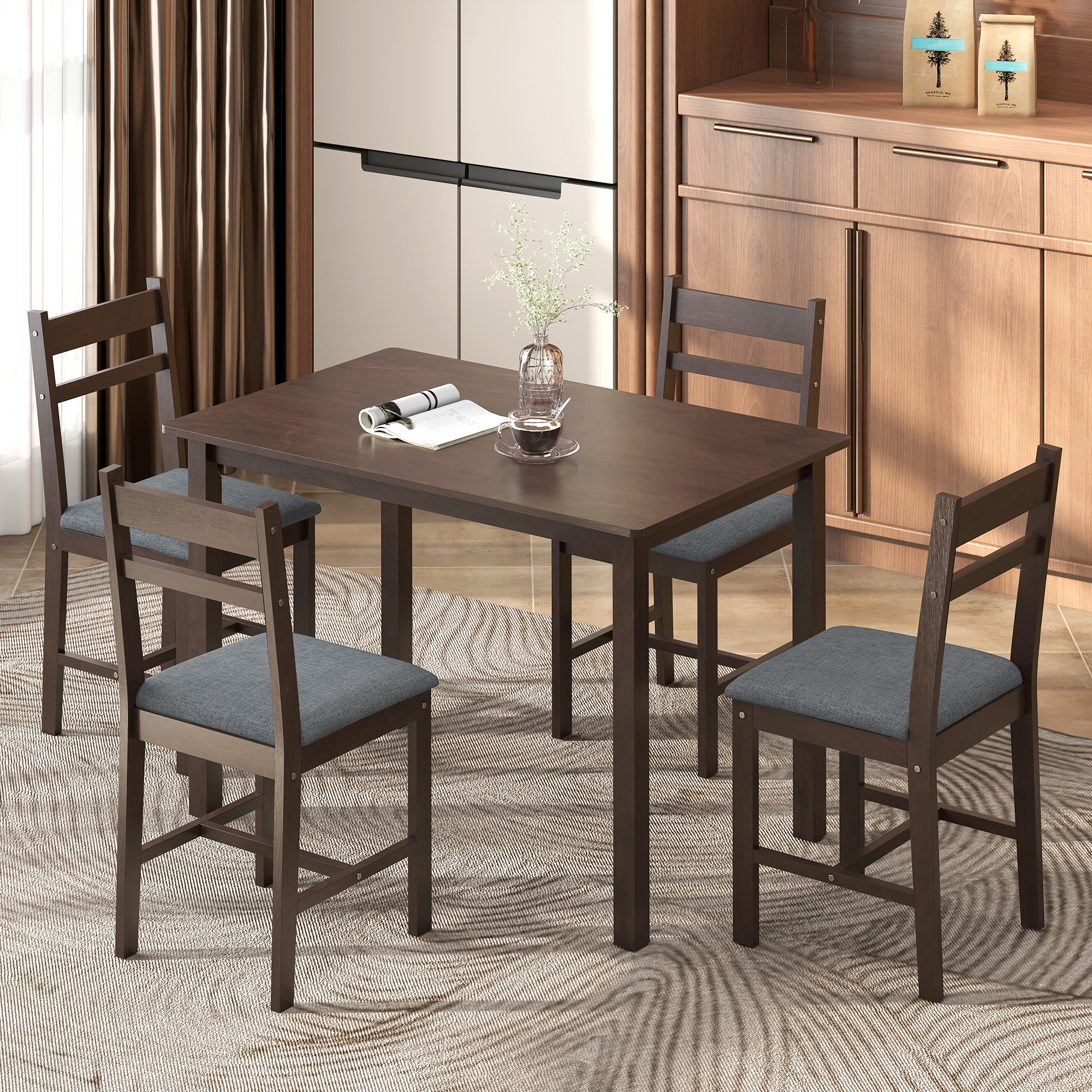 Ensemble table à manger 5 pièces, bois massif, 4 chaises, noyer