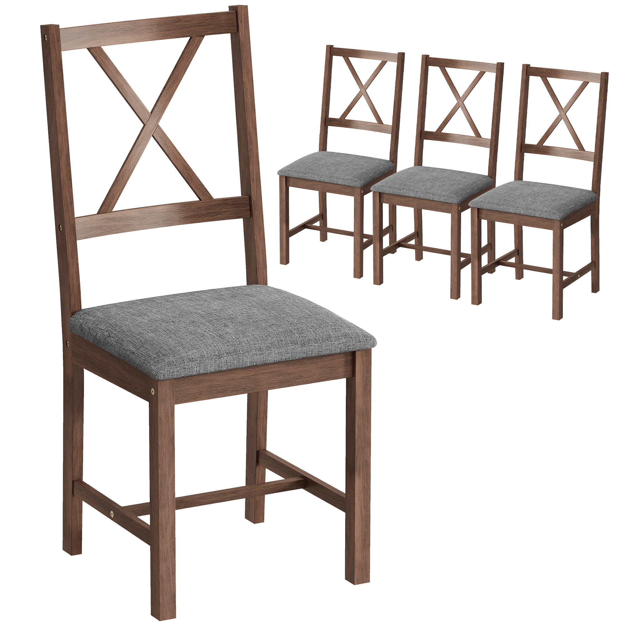 Ens. 4 chaises dossier X, tissu, pieds bois, noyer