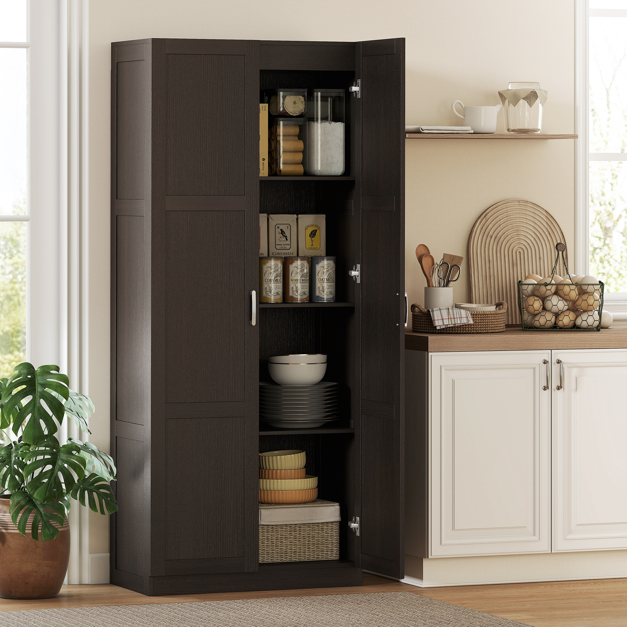 Armoire garde-manger 71po, espresso, soft-close, tablettes ajustables