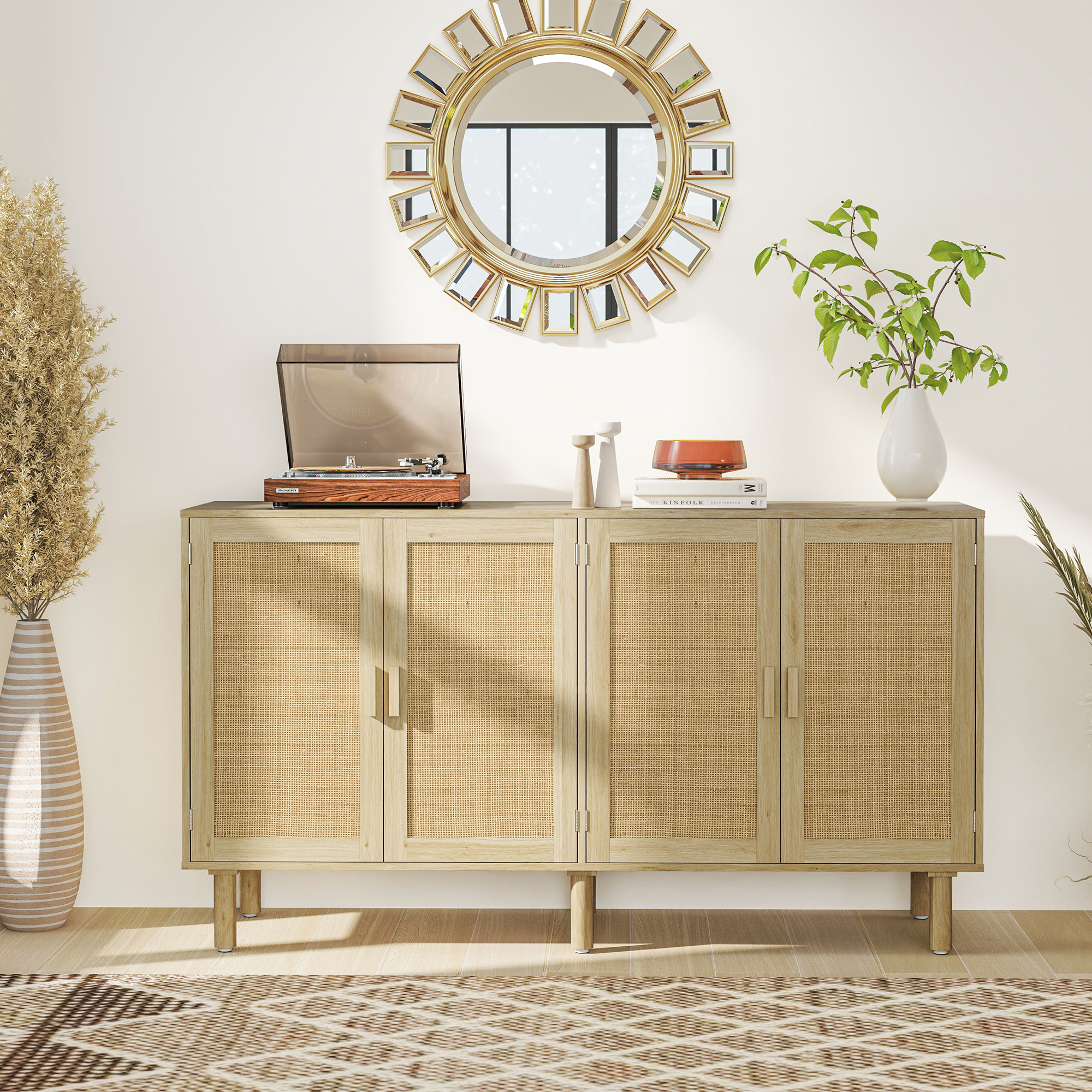 Buffet bohème 62,2 po, 4 portes rotin, rangement, naturel