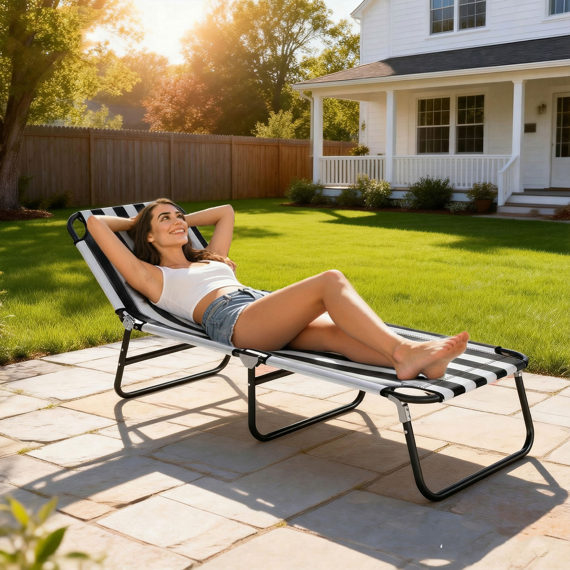 Chaise longue plage pliable portable noir blanc