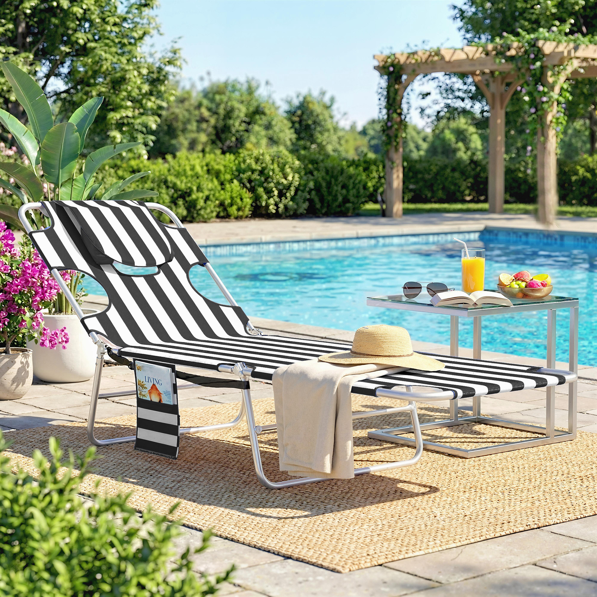 Chaise bronzage avec trou facial, ajustable 5 niveaux, rayures