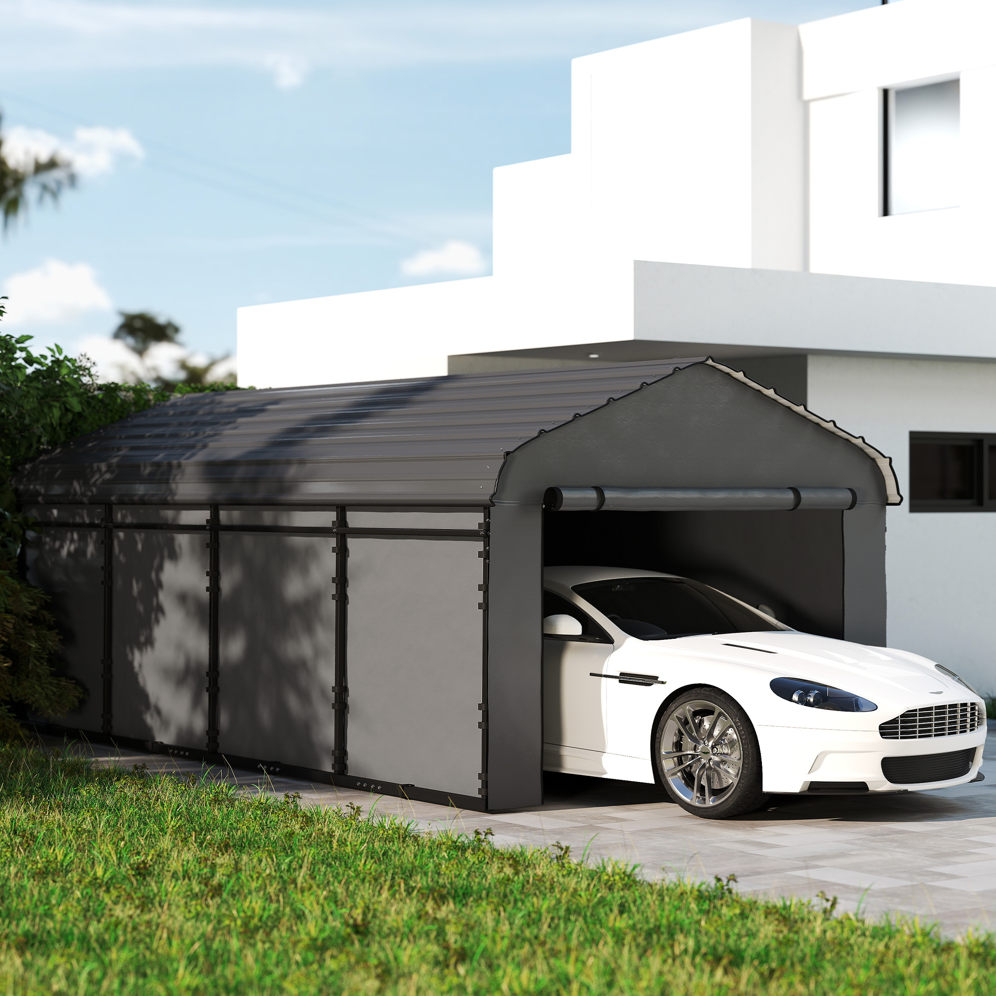 Abri voiture métal 12x20 pi, toit galvanisé, parois amovibles