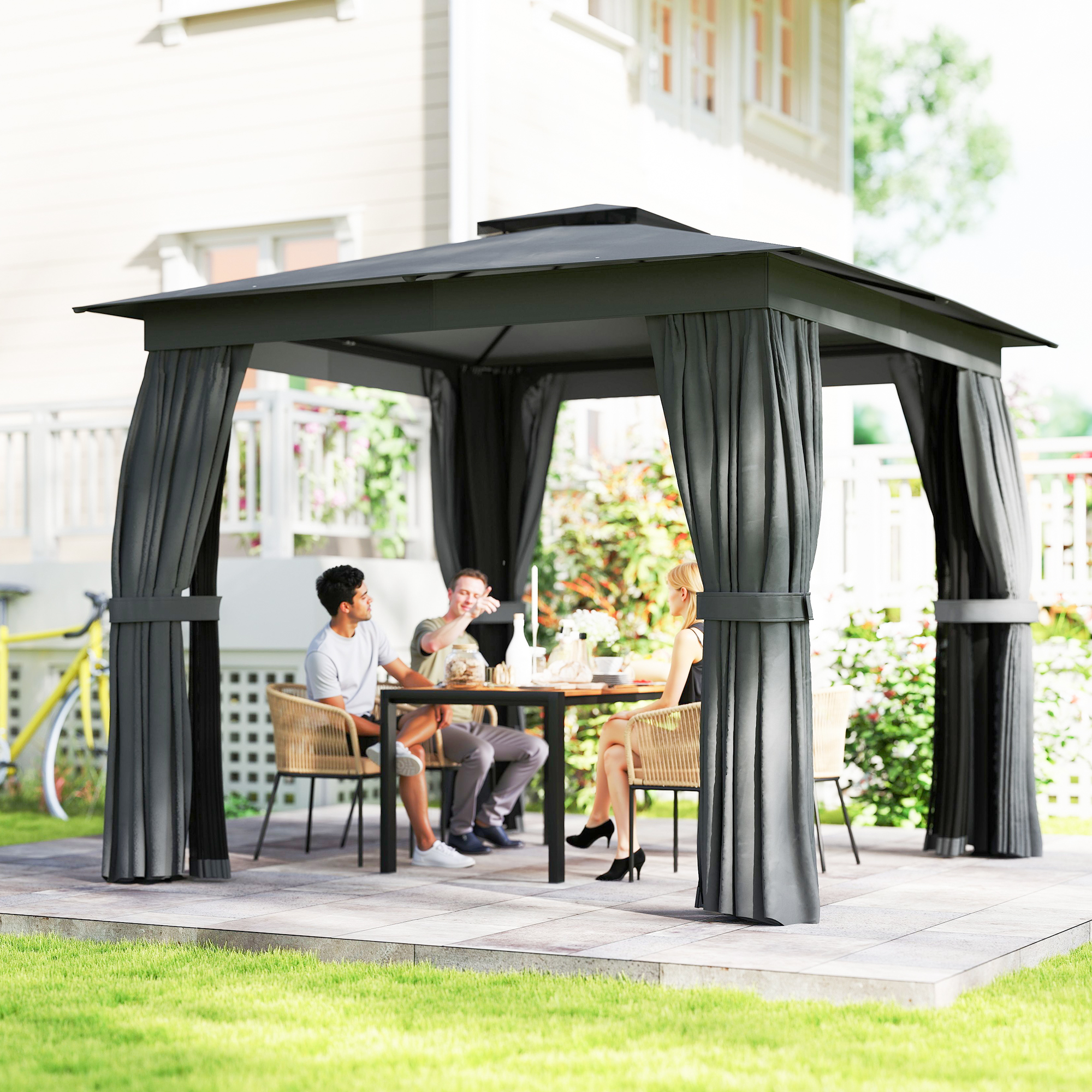 Tonnelle patio 10x10 cadre acier rideau filet gris foncé