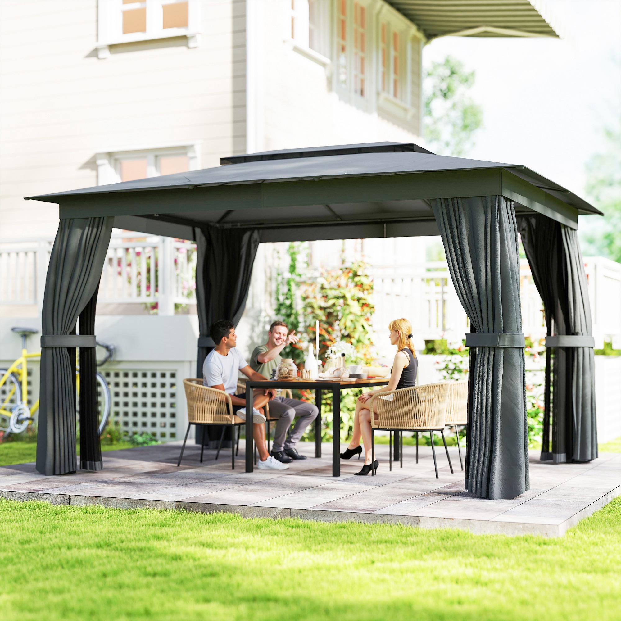 Gazebo patio 10x12 pi, toile souple, filet, cadre acier