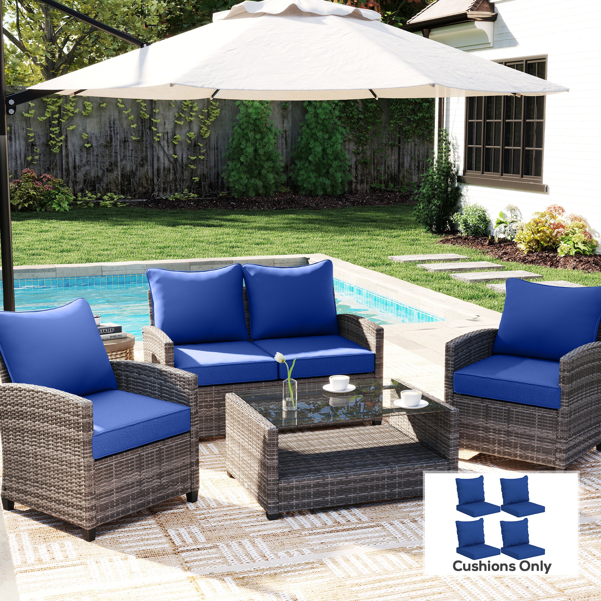 Coussins chaise patio ensemble 4, bleu marine, résistant