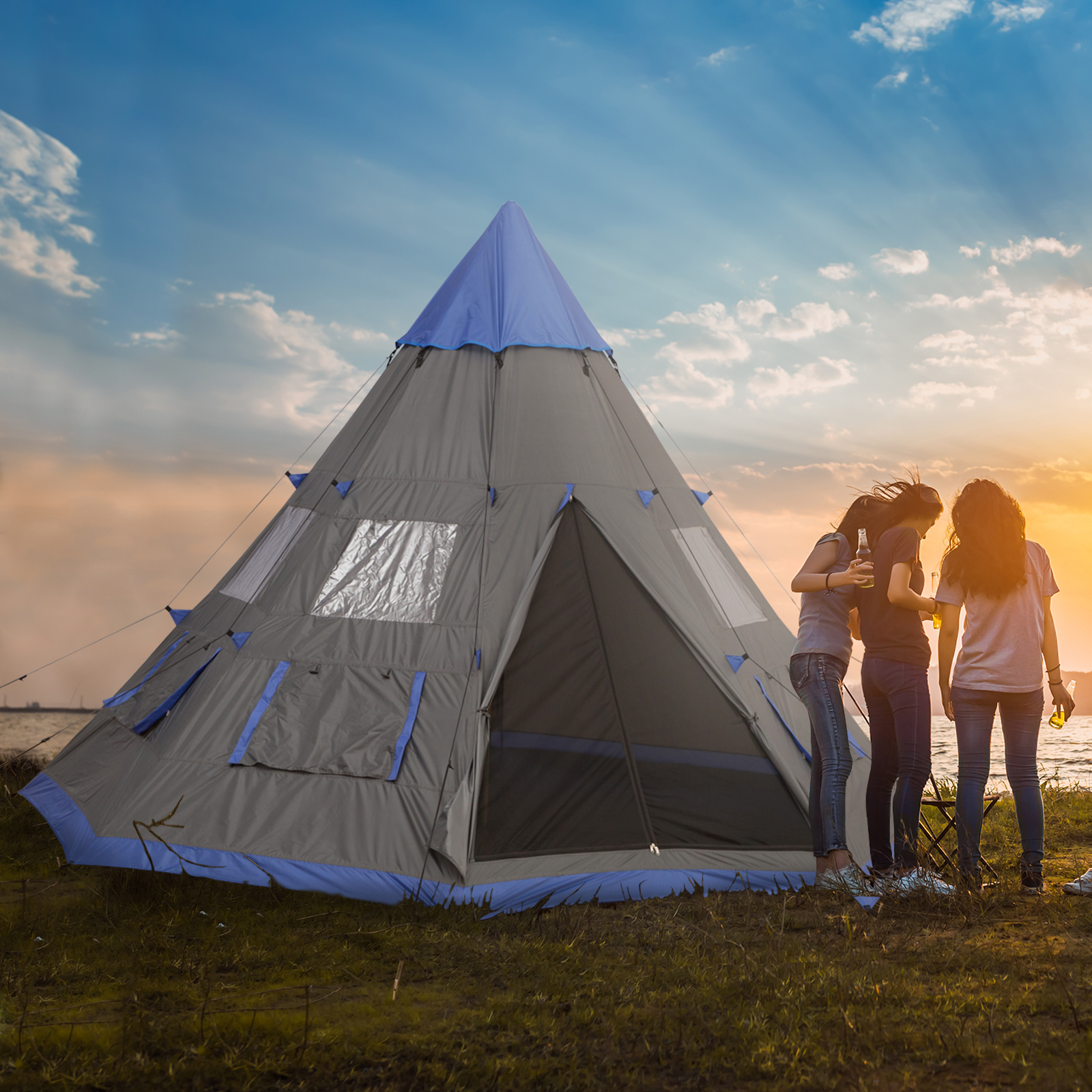 Tente camping 12pi 6-7 pers, 4 saisons, 8 fenêtres