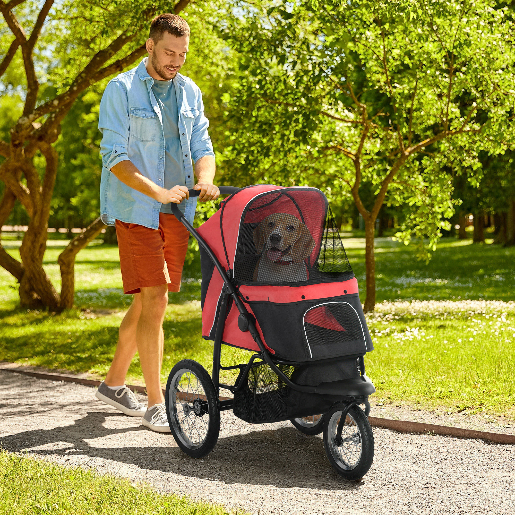Poussette animaux 3 roues petits chiens canopy, rouge