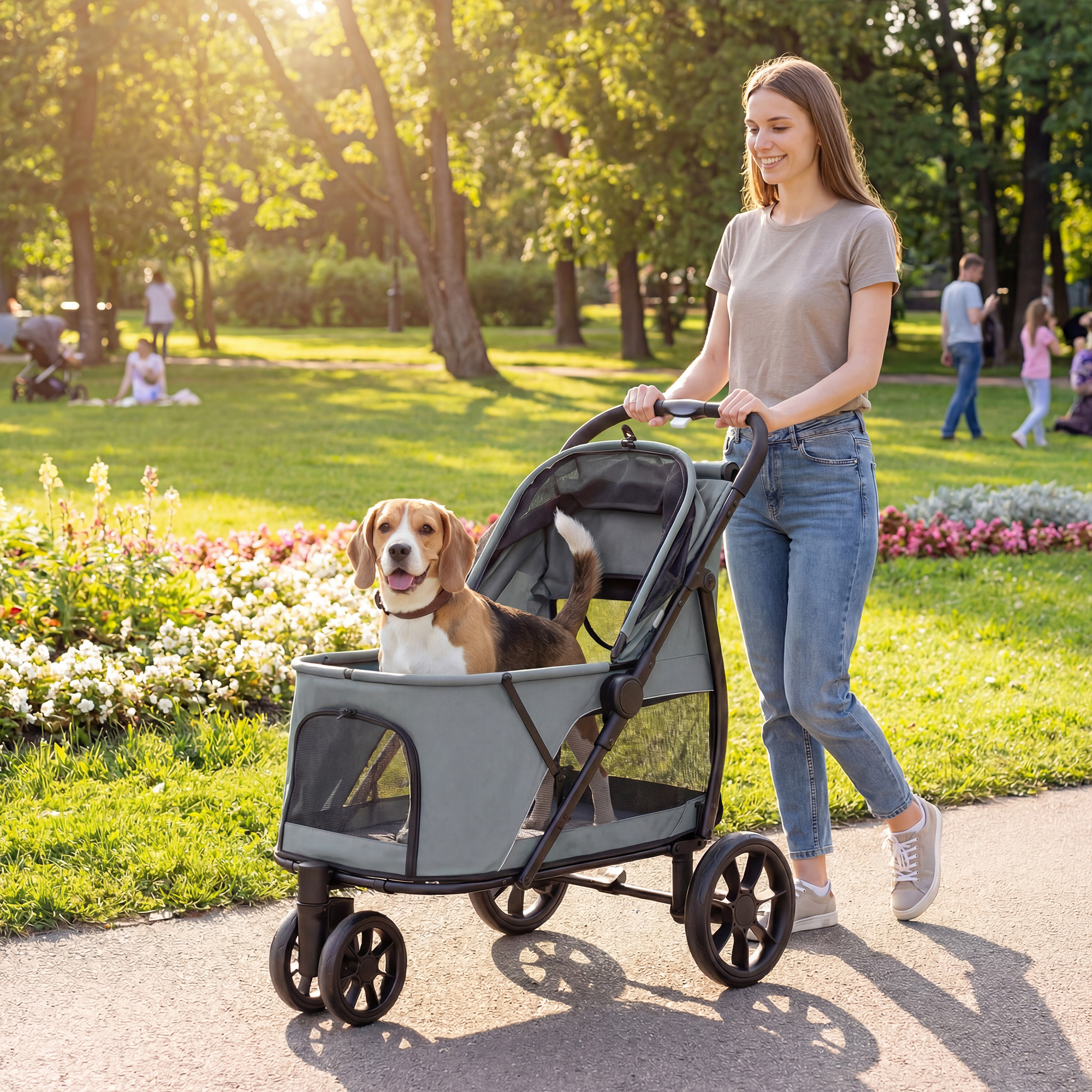 Poussette animaux 3 roues pli rapide fenêtre maille moyen chien gris
