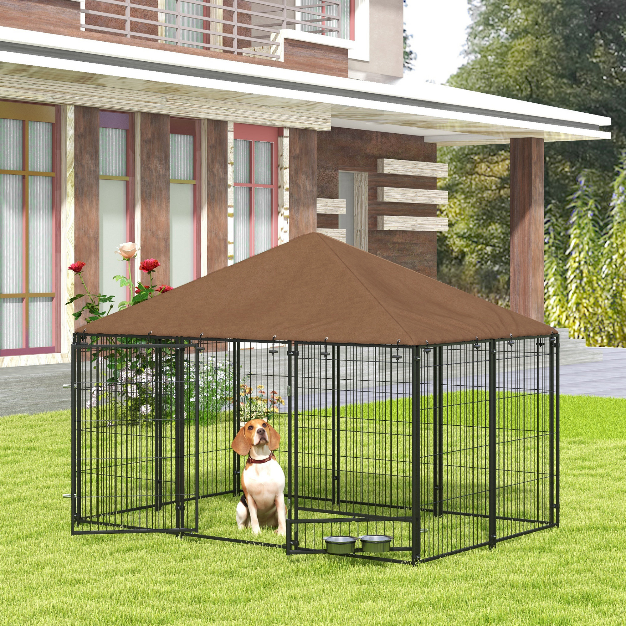 Parc chien extérieur 6,9x4,6x5pi auvent noir
