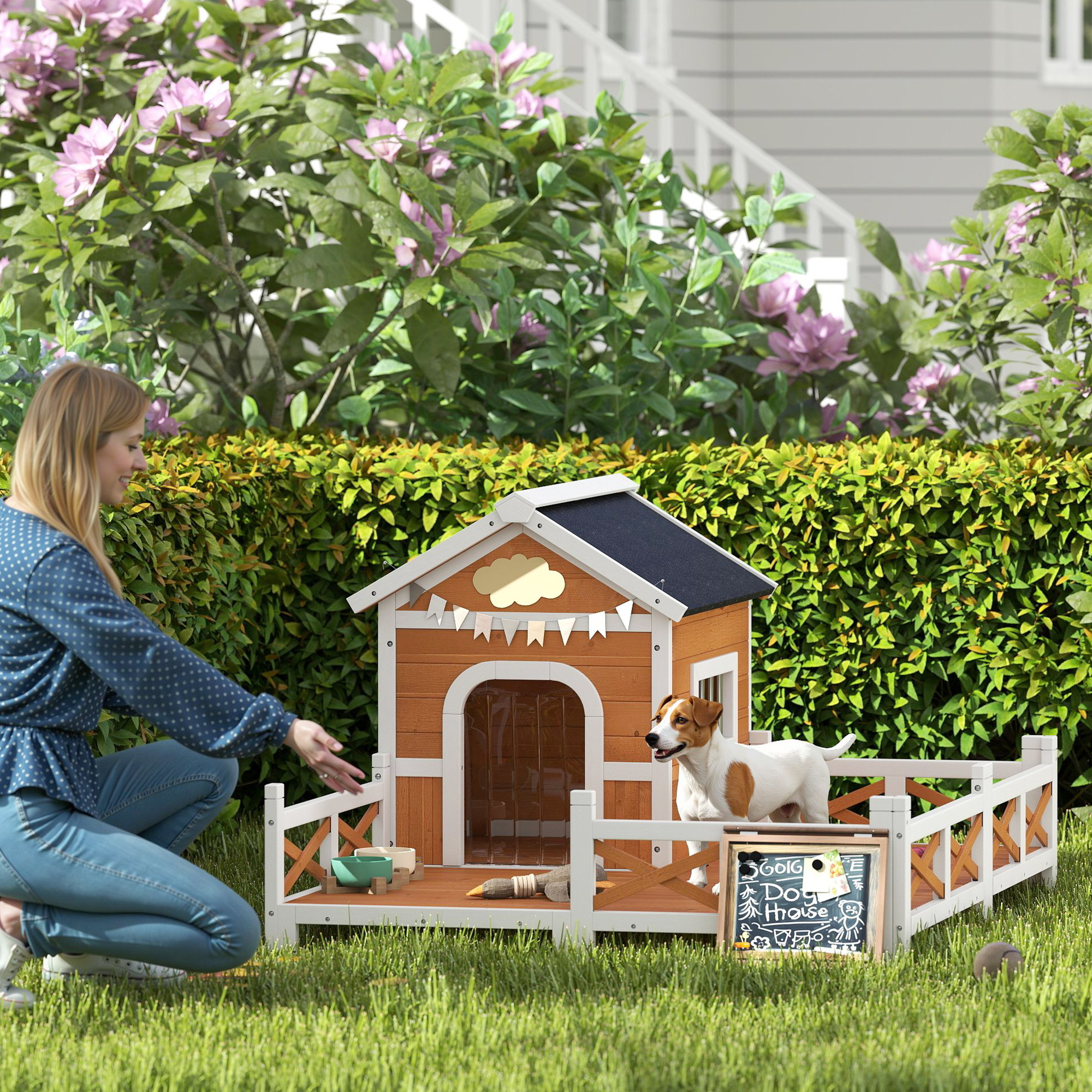 Niche chien extérieur bois, porche, toit ouvrant, base surélevée