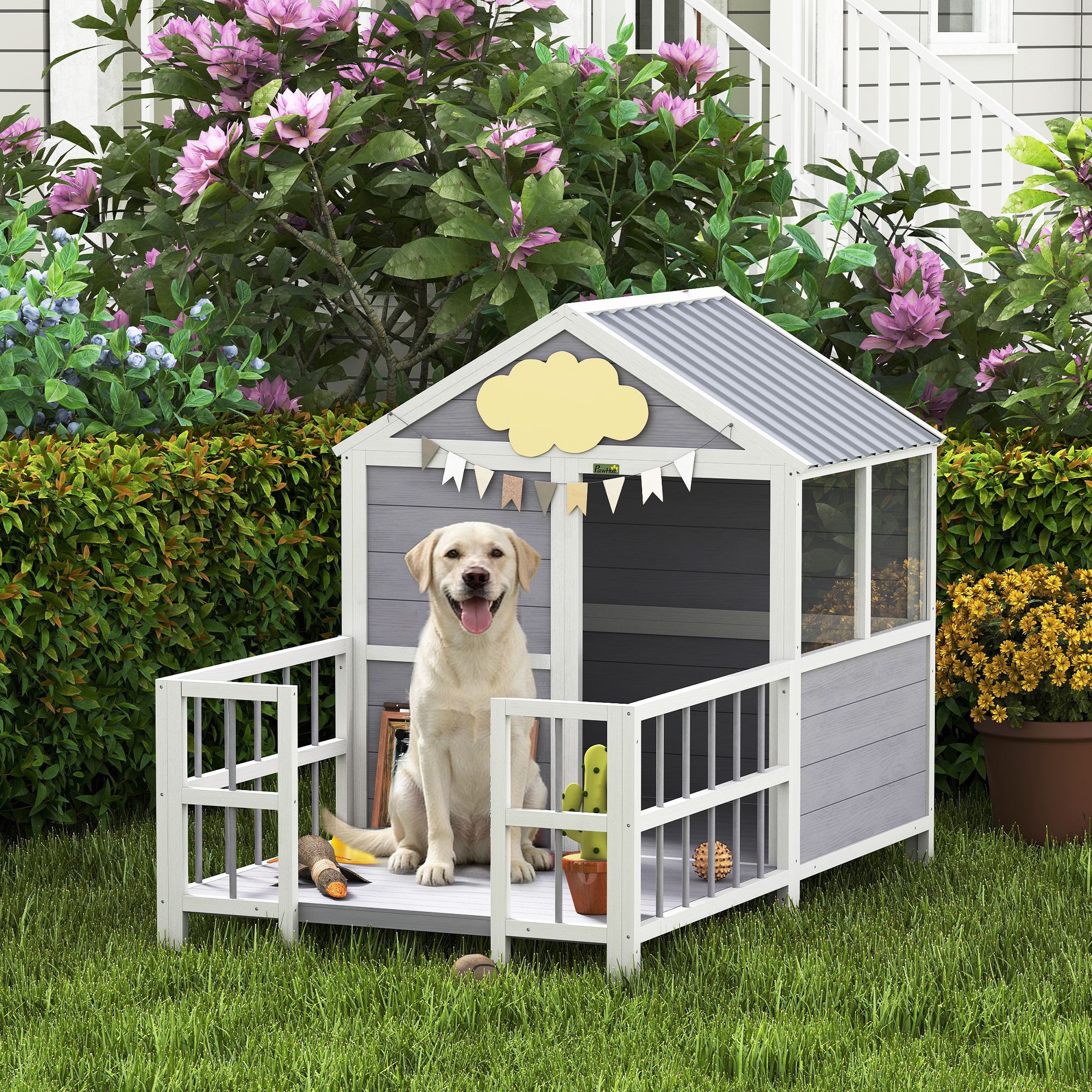 Niche Chien Bois 61"L Porche Toit Surélevée Aérée