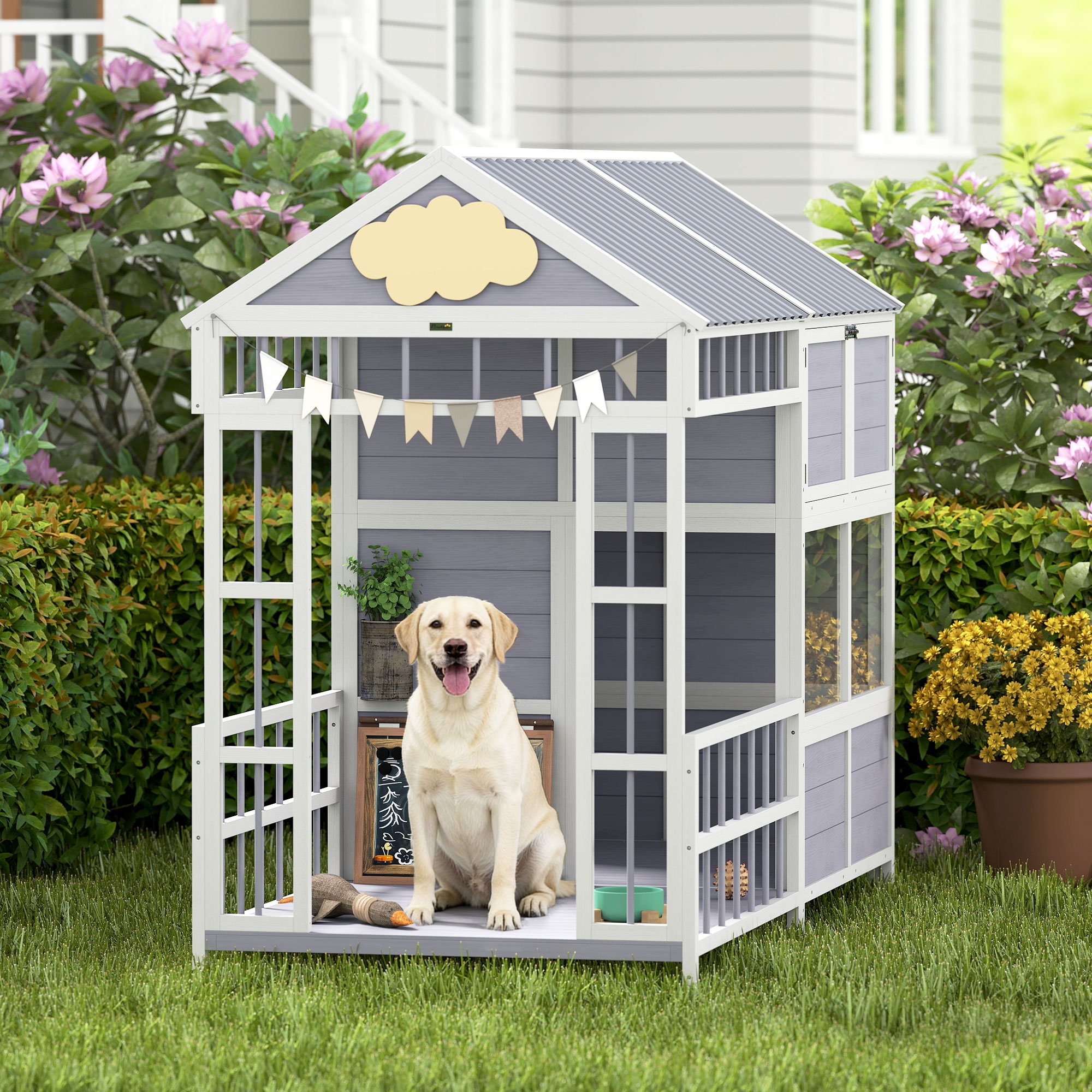 Niche chien 79" bois, porche, armoire, toiture, fenêtres