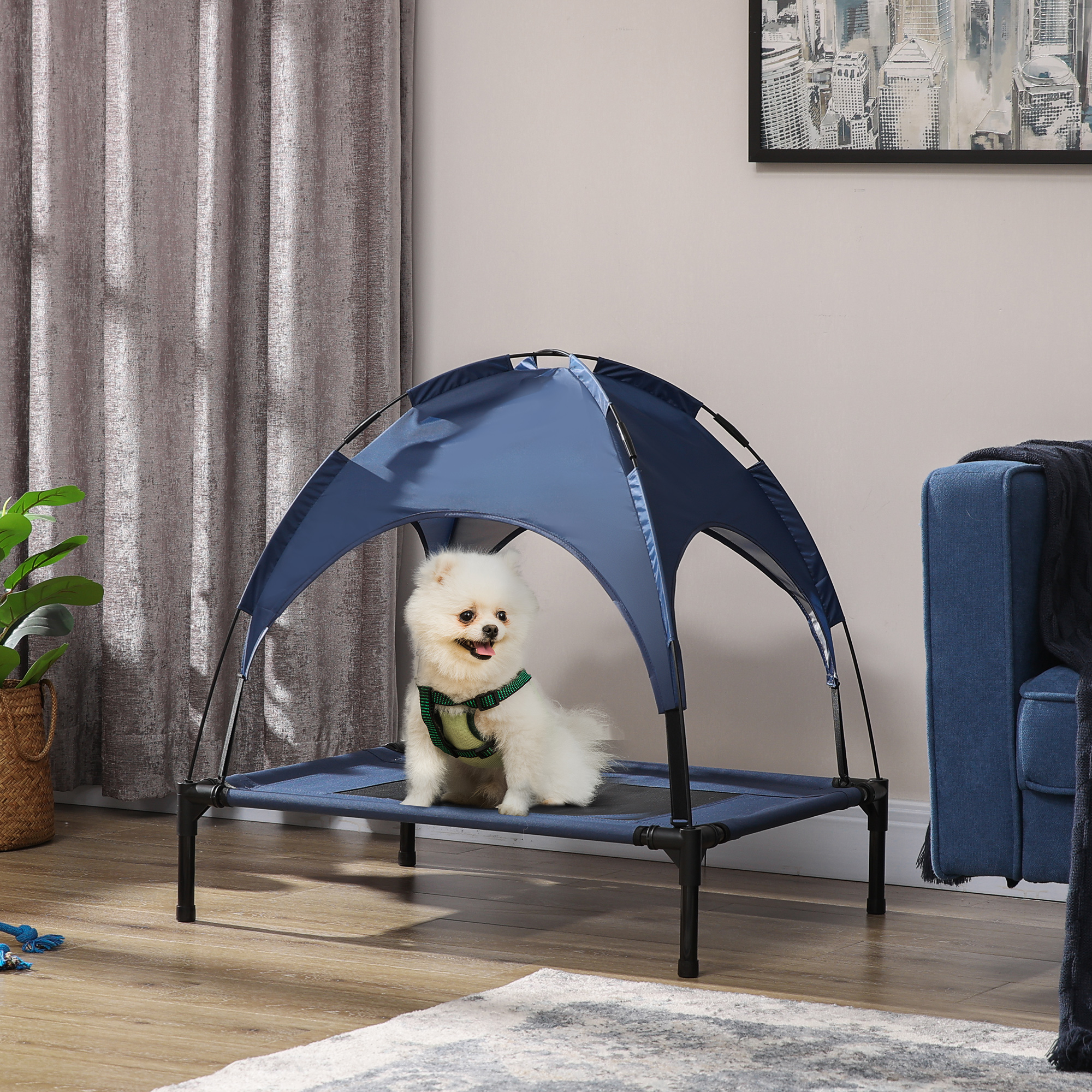Lit chien surélevé portable pare-soleil UV 30 po bleu foncé