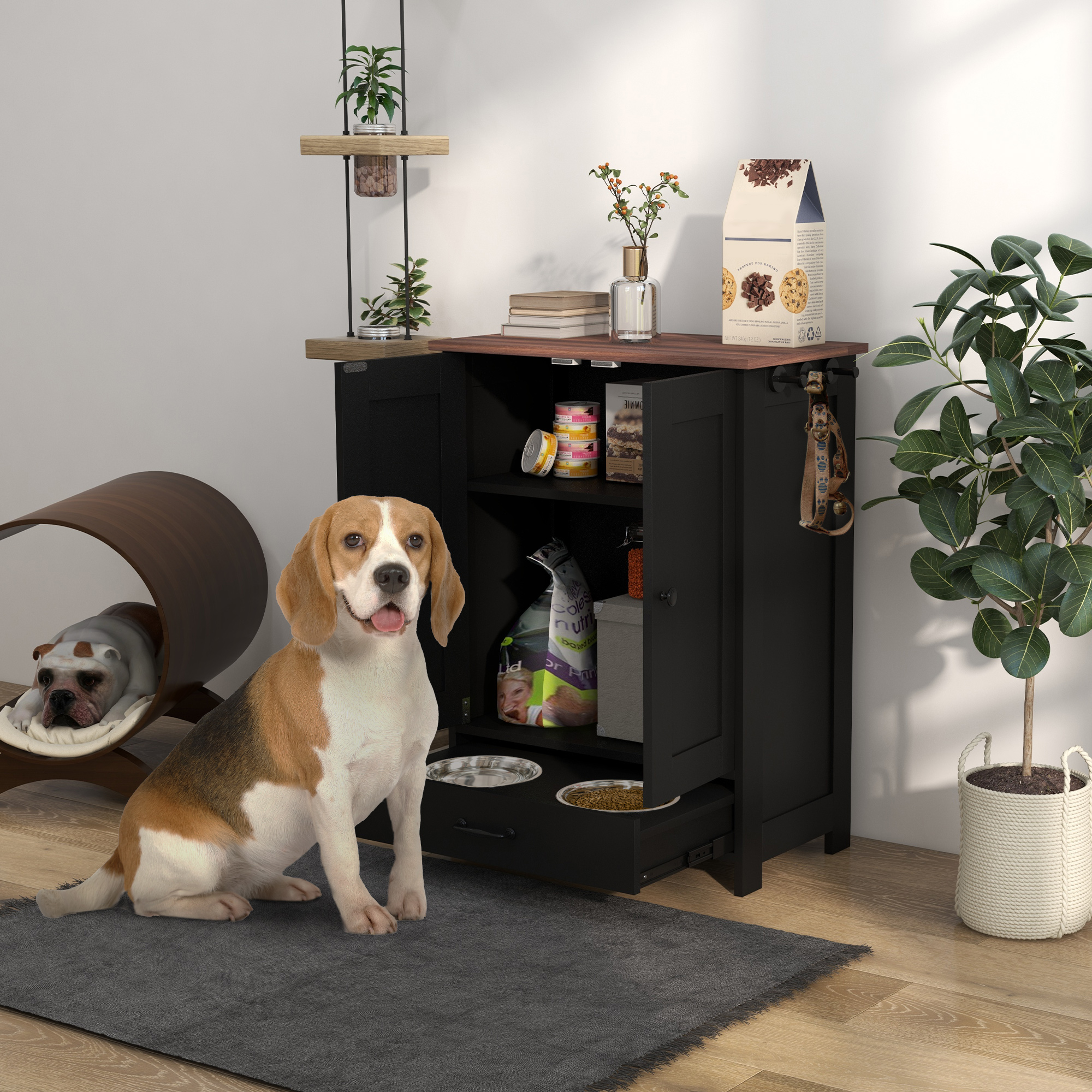 Station alimentation chien armoire rangée bols réglable noir