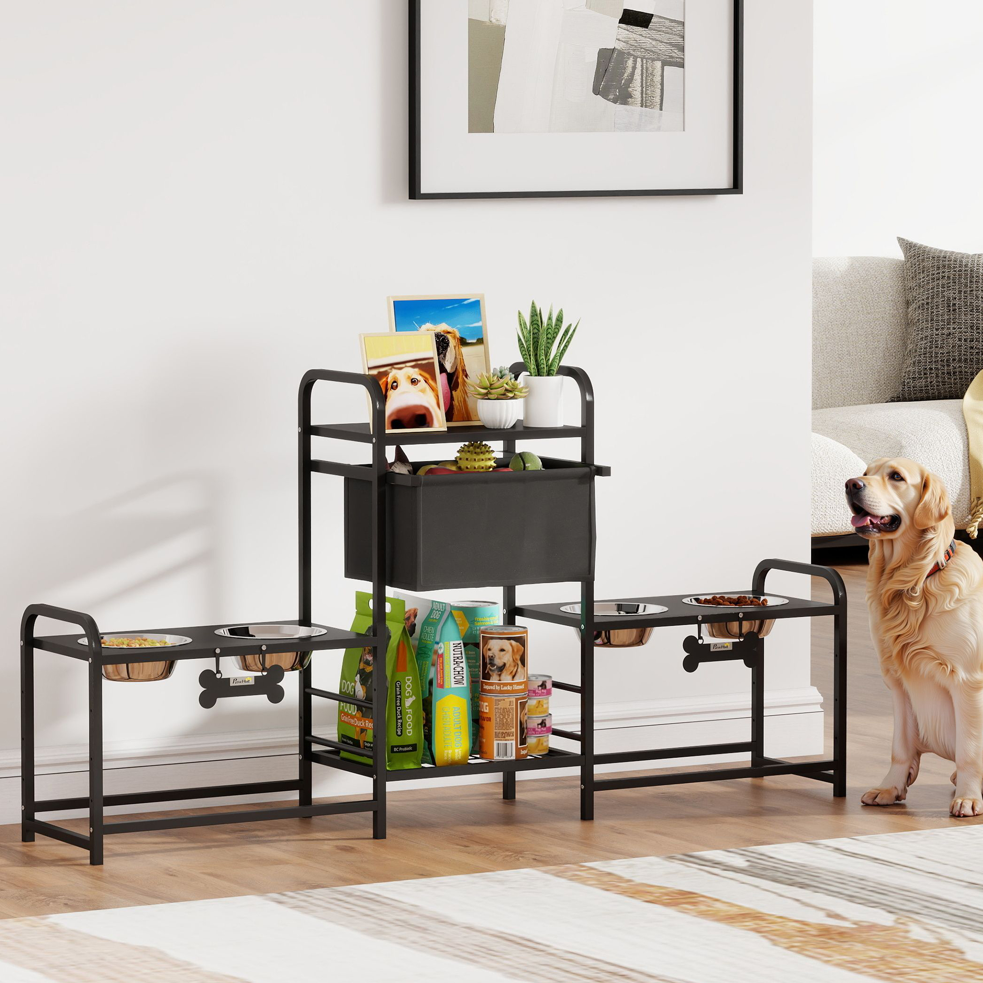 Gamelle chien réglable 3 hauteurs panier jouets