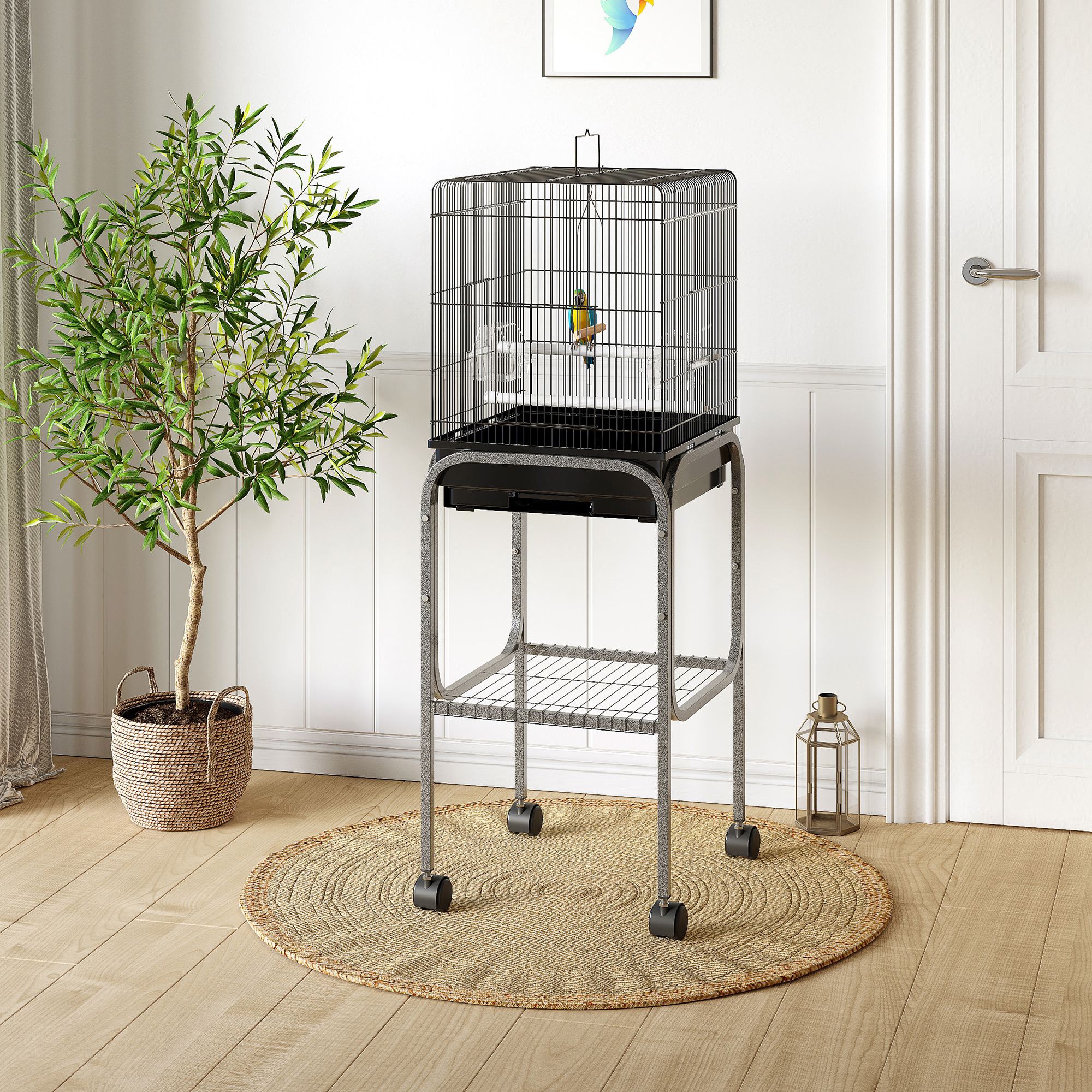 Cage oiseau métal 45po, perchoir, noir