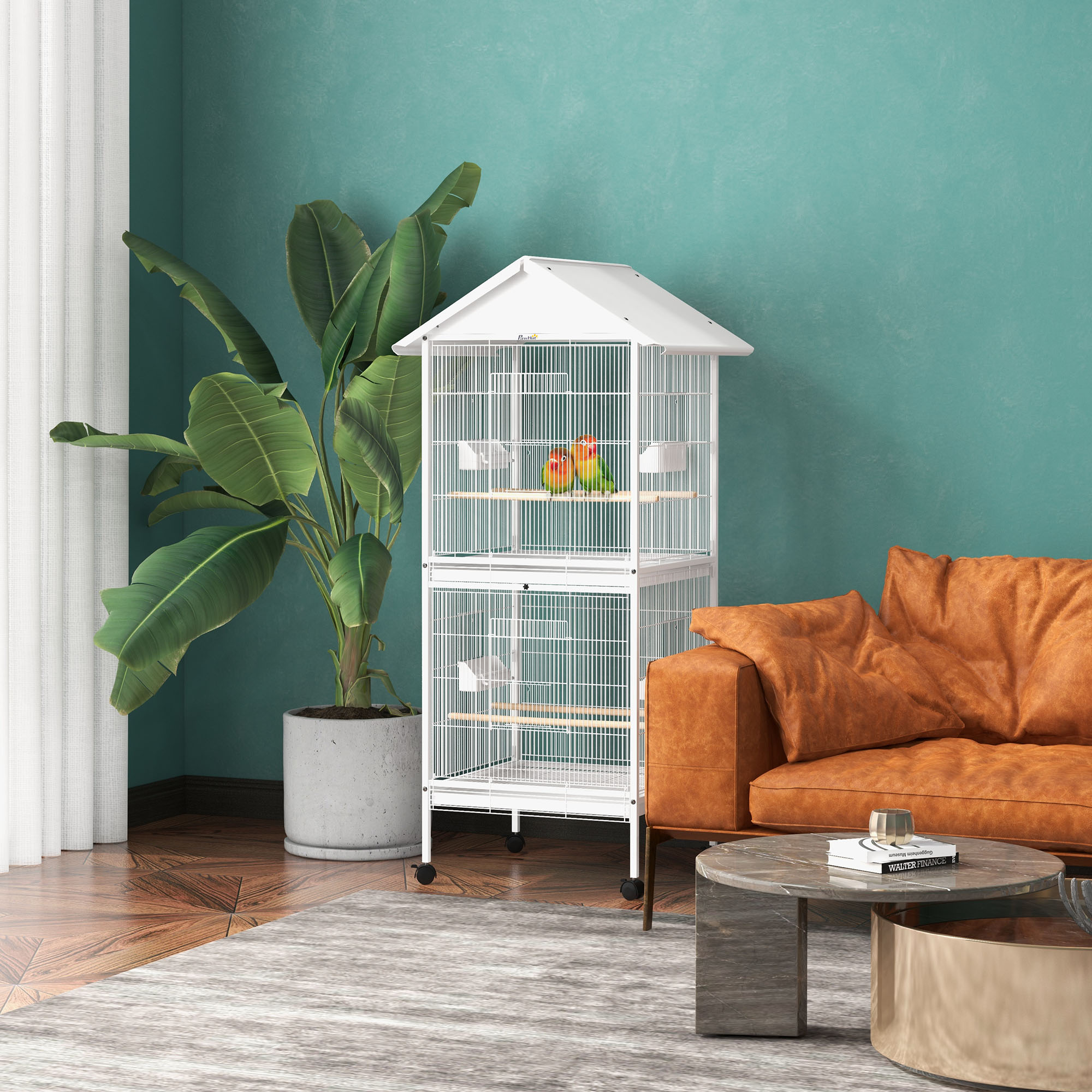 Cage oiseau métal roulant perchoirs, 67po H, blanc